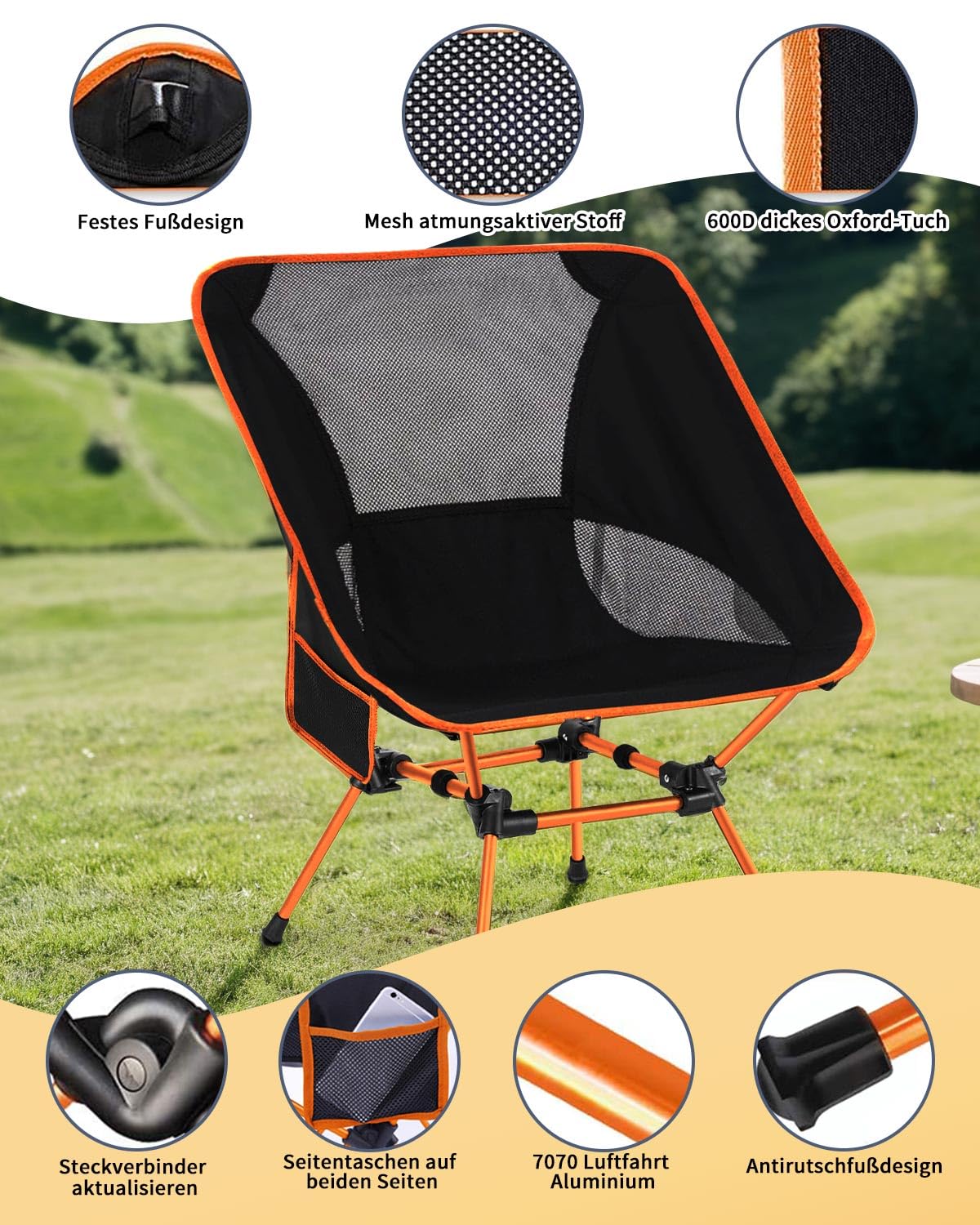 Trongle Campingstuhl Faltbar, Ultraleicht Klappstuhl mit Atmungsaktives Mesh, Quadratischer Aluminiumrahmen, Tragfähigkeit 150kg, Tragbare Campingstühle für Wanderungen, Picknicks, Angeln
