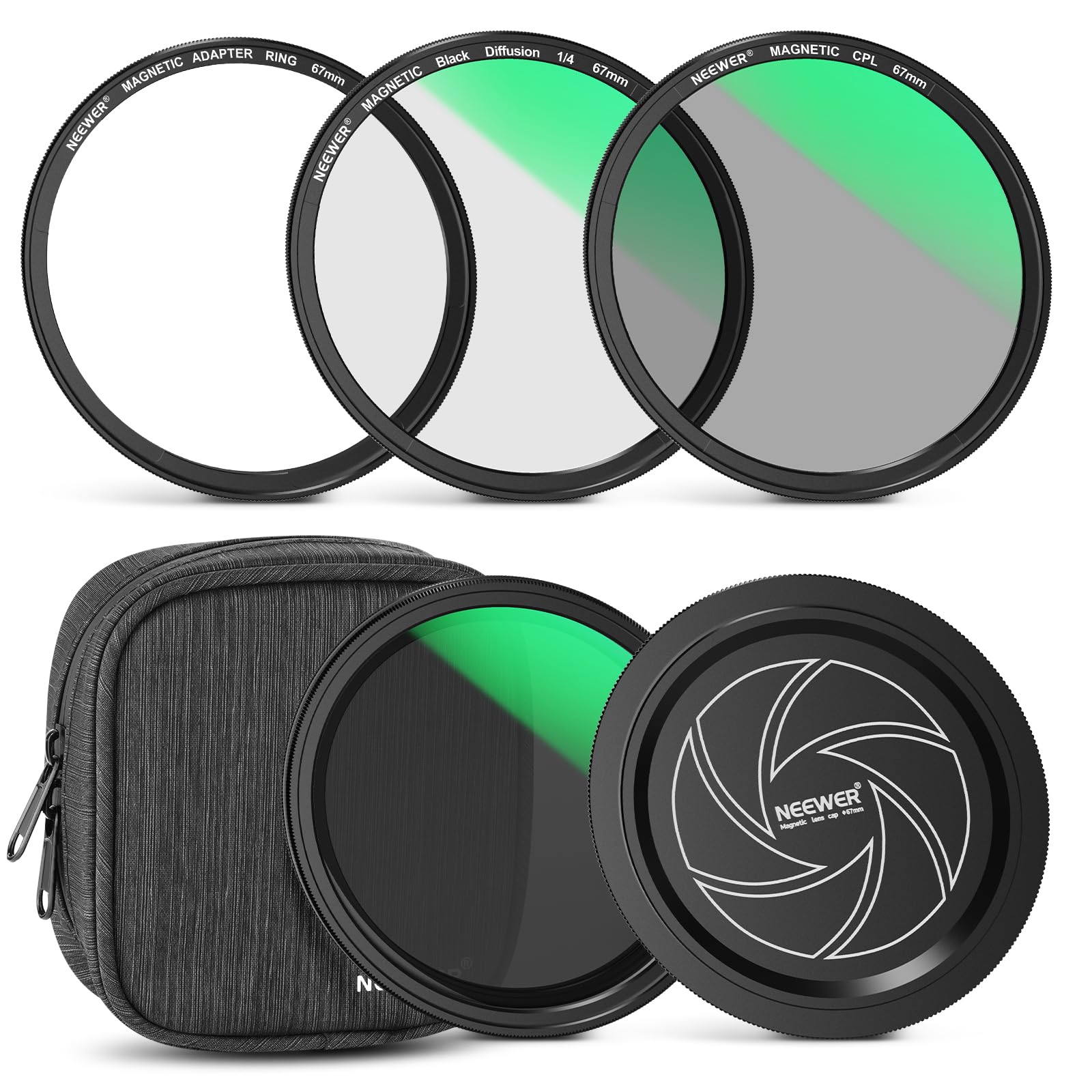NEEWER Kit Filtro Magnetico 67mm,CPL+ND2-32 Variabile+Black Diffusion 1/4 Filtro Per Effetto Mist Cinematic+Copriobiettivo+Anello Adattatore,Filtri Polarizzatore Circolare e Densità Neutra Impilabili