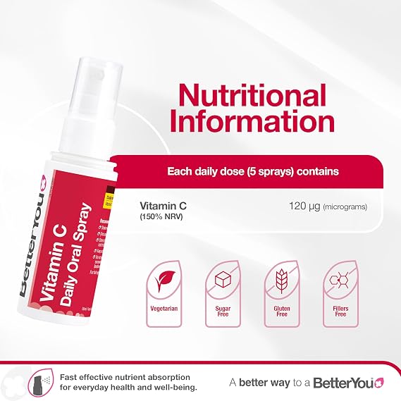 BetterYou Vitamin C Oral Spray, Fast Acting High Strength Vitamin C Supplement, Supports Immune System and Protect Cells from Oxidative Stress, 1-Month Supply, Natural Cherry & Pomegranate Flavour