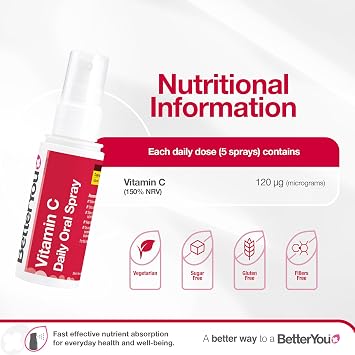 BetterYou Vitamin C Oral Spray, Fast Acting High Strength Vitamin C Supplement, Supports Immune System and Protect Cells from Oxidative Stress, 1-Month Supply, Natural Cherry & Pomegranate Flavour