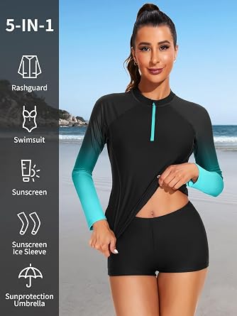 ATTRACO Women Rash Guard Set Long Sleeve Swim Shirt and Shorts | 2 Piece, Adjustable Ruched Side, Thumb Holes, Long Sleeve, Quick Dry, Lightweight, UV Protection, Surfing, Fishing