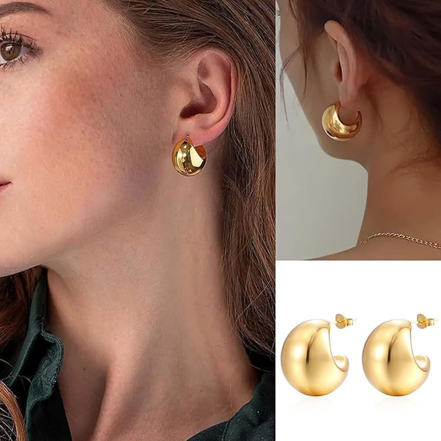 2 Pairs Non Tarnish Chunky Gold Hoops Earrings for Women Water Proof, Thick 18K Real Golds Plated Circle Open Hoop, Lightweight Hollow Earrings for Women Trendy, Gold Jewelry Valentine's Day Gift - Image 2