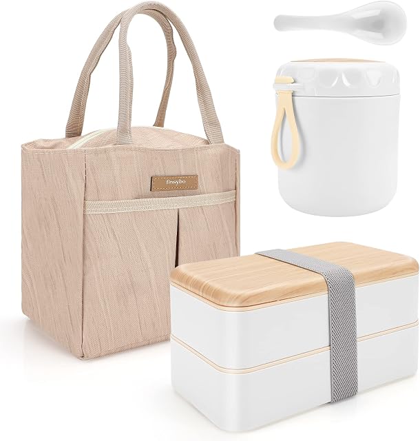 Xakay Lunch Box 2 Tiers Bento Box Set 1200ML Food Container 400ML Soup Cup, Insulated Lunch Bag, Microwave Dishwasher Safe Bento Lunch Box Cutlery Set for Adult/Kids/Student