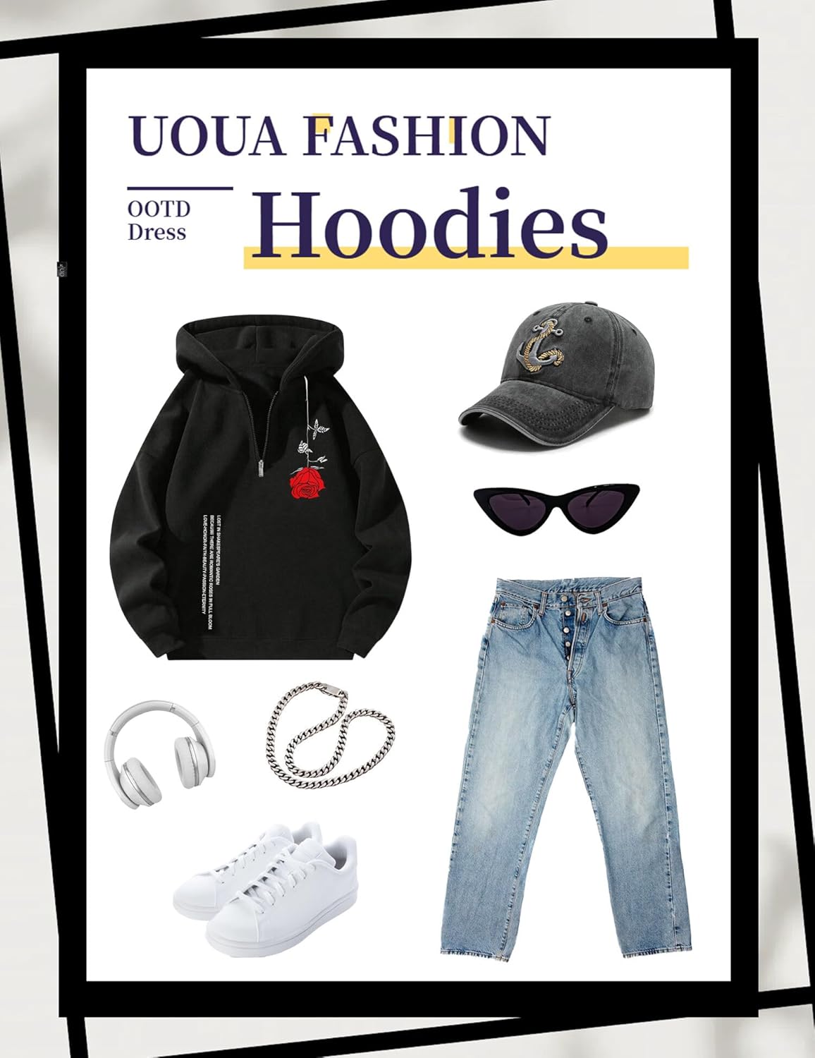 UOUA Men's Graphic Quarter Zip Hoodies Casual Long Sleeve Drop Shoulder Sweatshirt Pullover Streetwear Top - Image 7