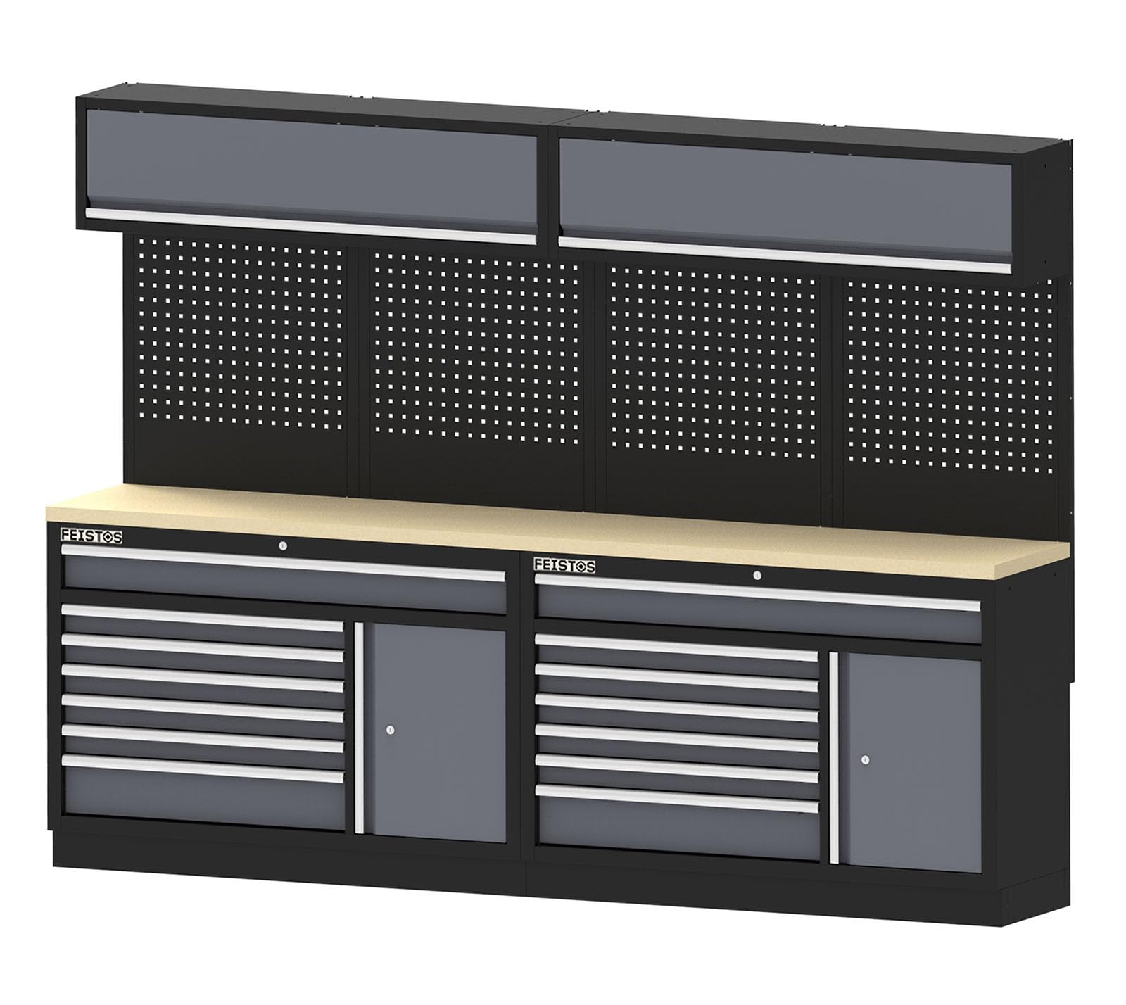 Apollo 23 Werkstatteinrichtung | XXL Werkzeugschrank mit Werkbank & Lochwand | pulverbeschichteter Stahl | 2 Arbeitsplatten | Modular erweiterbar | Schubladen & Hängeschränke