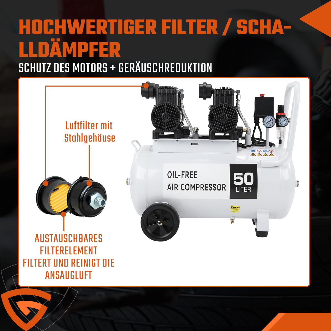 50L Flüsterkompressor Kompressor Luftkompressor 2800RPM 230 Volt 10 Bar 2,2KW 50Liter 69 dB 340 l/min Silent Druckluftkompressor inklusive Druckminderer und Wasserabscheider