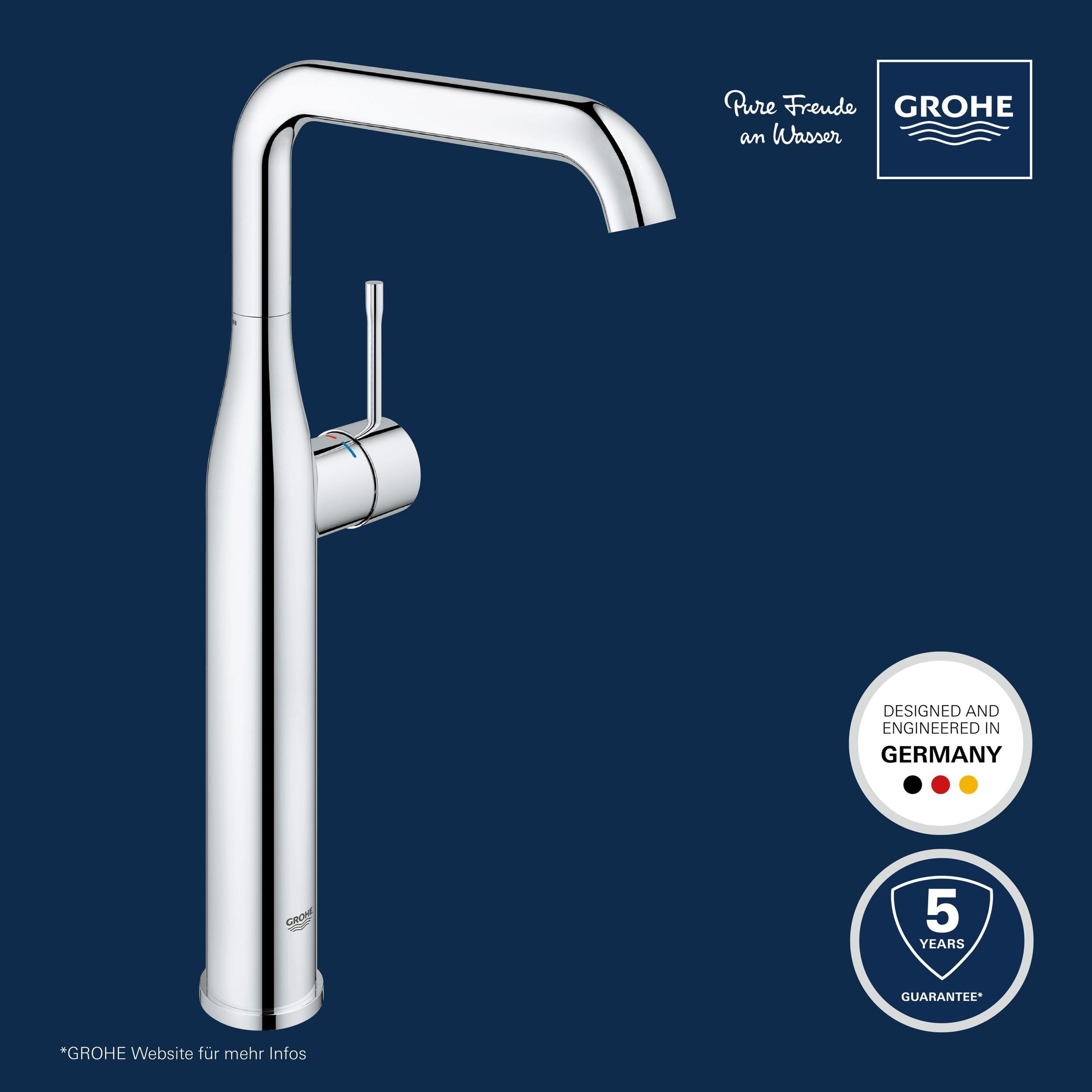 GROHE Essence, Waschtischarmatur hoch, wassersparend (Wasserhahn für das Bad, 36cm hoch, ideal für die Montage hinter dem Waschbecken, einfache Installation), chrom, 32901001