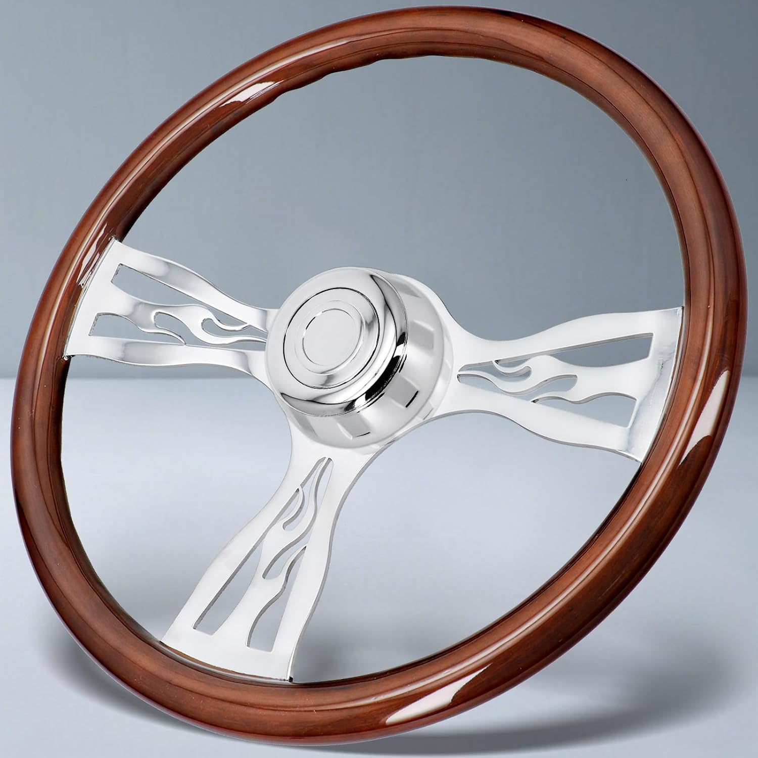 Sorghum 18" Solid Wood Steering Wheel - 3 Spokes Aluminum Chrome Classic Steering Wheel with Horn Button for Trucks Compatible with Mack Kenworth Peterbilt Volvo Freightliner-Girl Pattern
