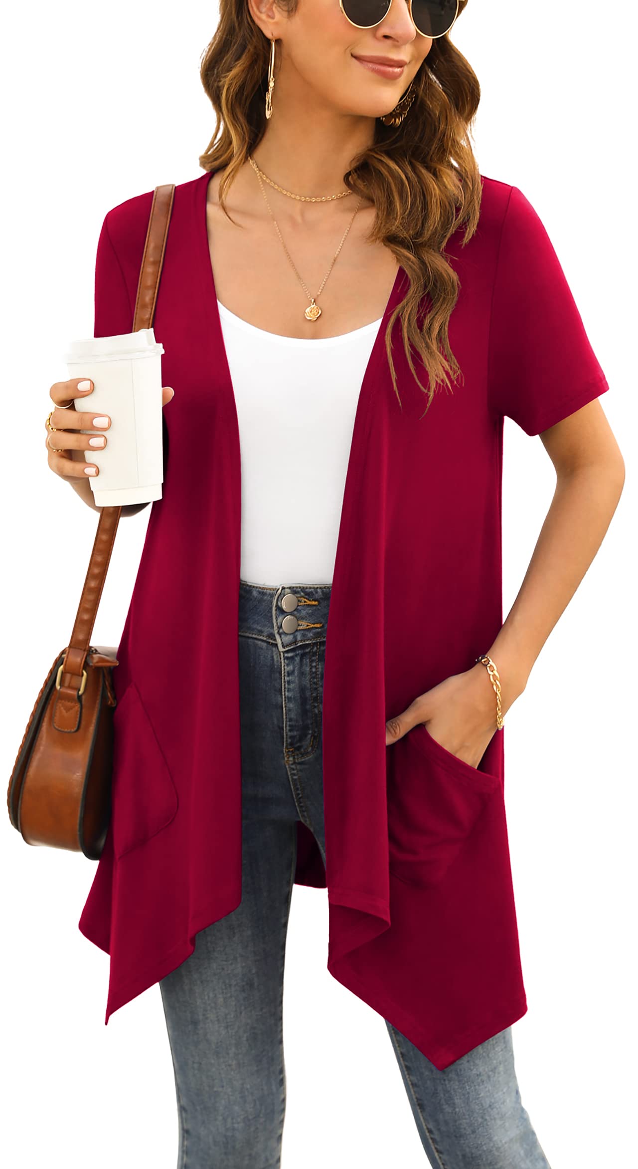Yommay Cardigan da Donna Estivo a Maniche Corte per Donna Elegante Cardigan Casual Leggero con Tasca Orlo Alto Basso