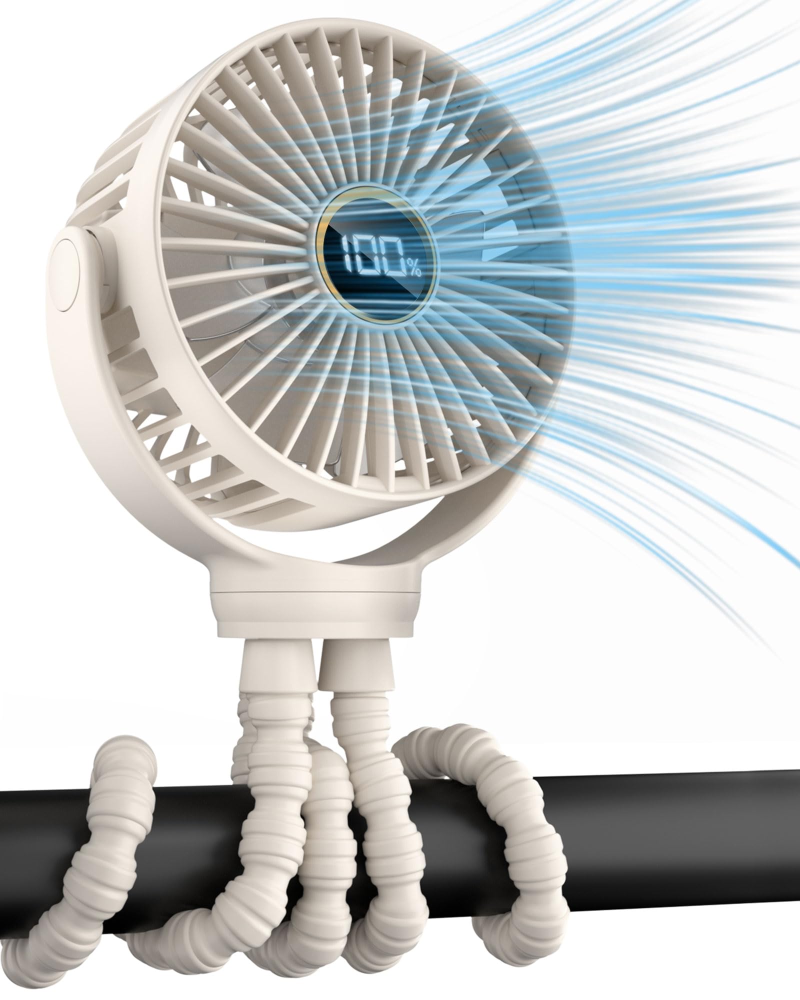 Close-up of the buywoo stroller fan's flexible clip attachment mechanism.