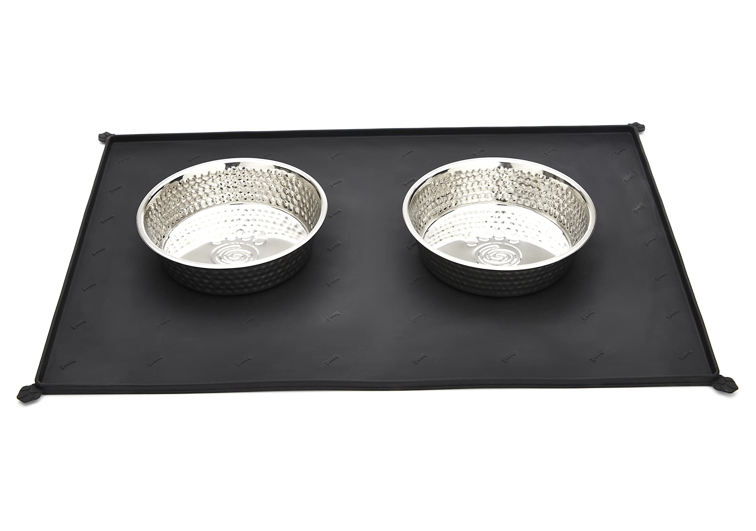 Penguin Home® Non Slip Black Pet Feeding Mat with 2 Hammered Stainless Steel Pet Bowls|Pet Safe Food Grade Waterproof Mat|Raised Edges to Prevent Spillage|Dogs Cats Rabbits etc|Mat-53x37cm Bowl-700mL|