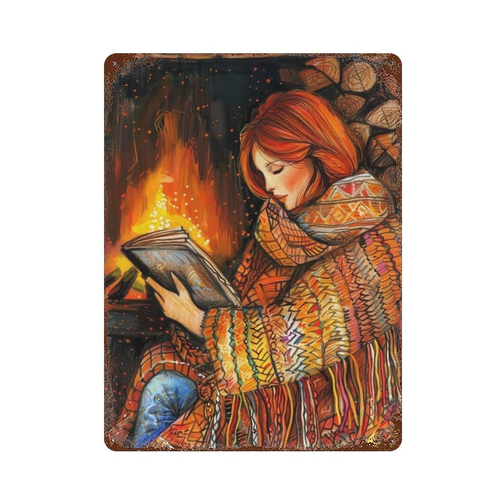 Hduryeyryy Multicolour Reading By Firelight 01 Wall Retro Iron Vintage Art Metal Tin Sign Poster Modern Home Cofffee Club Art Bar Shop Decor 40X30cm