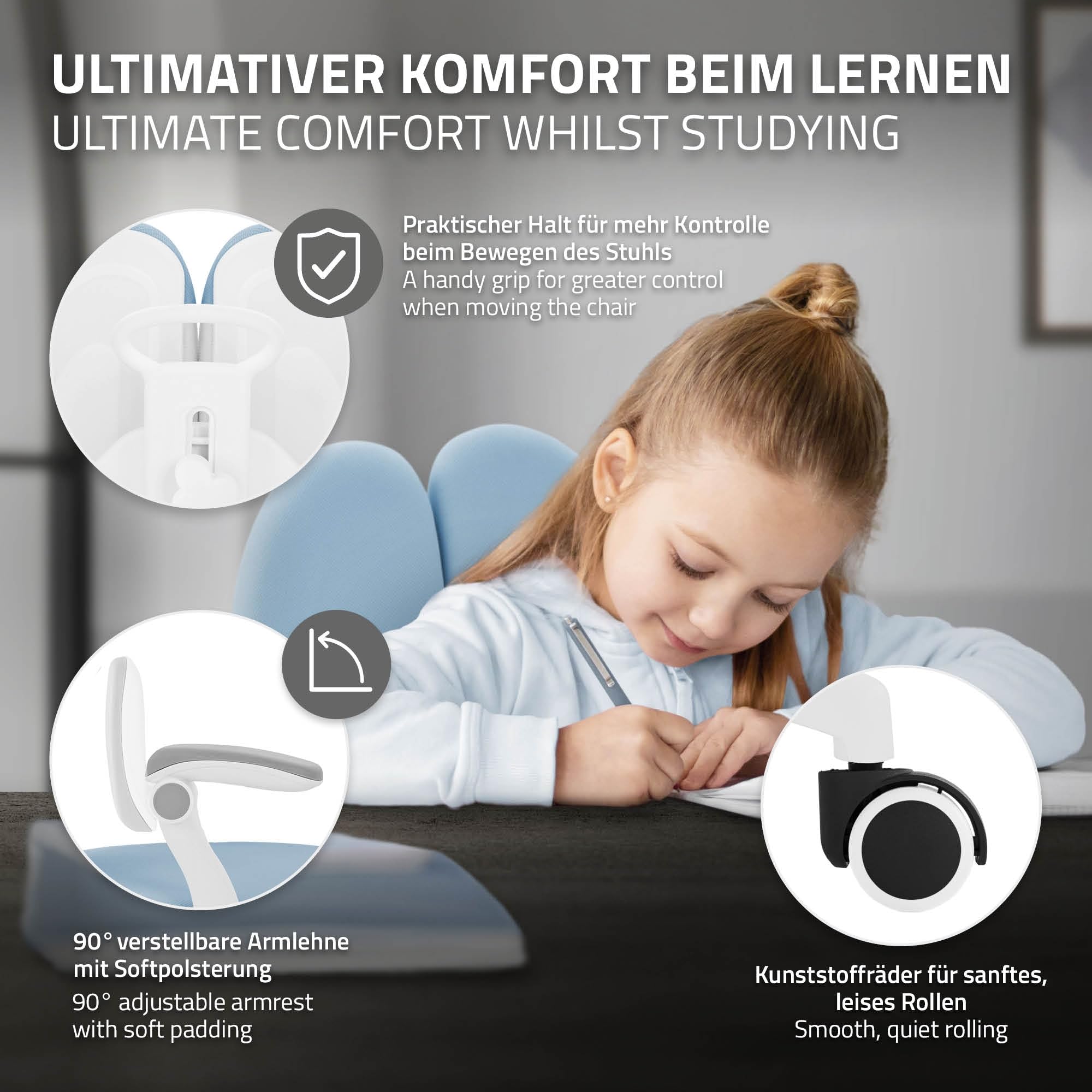 ML-Design Chaise de Bureau pour Enfant, 95-107 cm Bleu avec Dossier Divisé et Repose-Pieds, Fauteuil d'Étude Ergonomique Pivotant à 360°, Hauteur Réglable, Accoudoirs Rabattables, Tissu Respirant