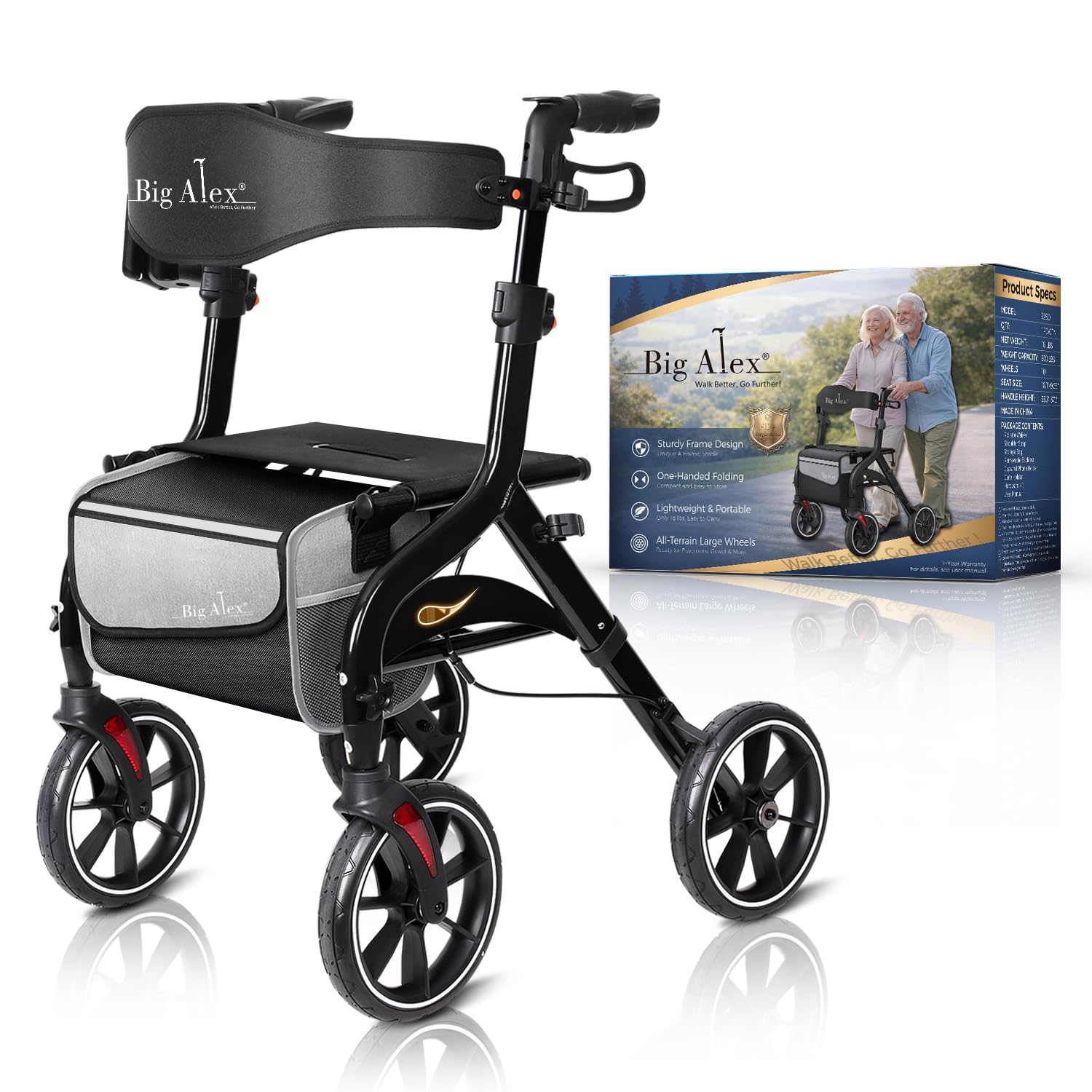 BigAlex Rollator Walker with Seat for Seniors, Foldable, 10" Wheels, Black