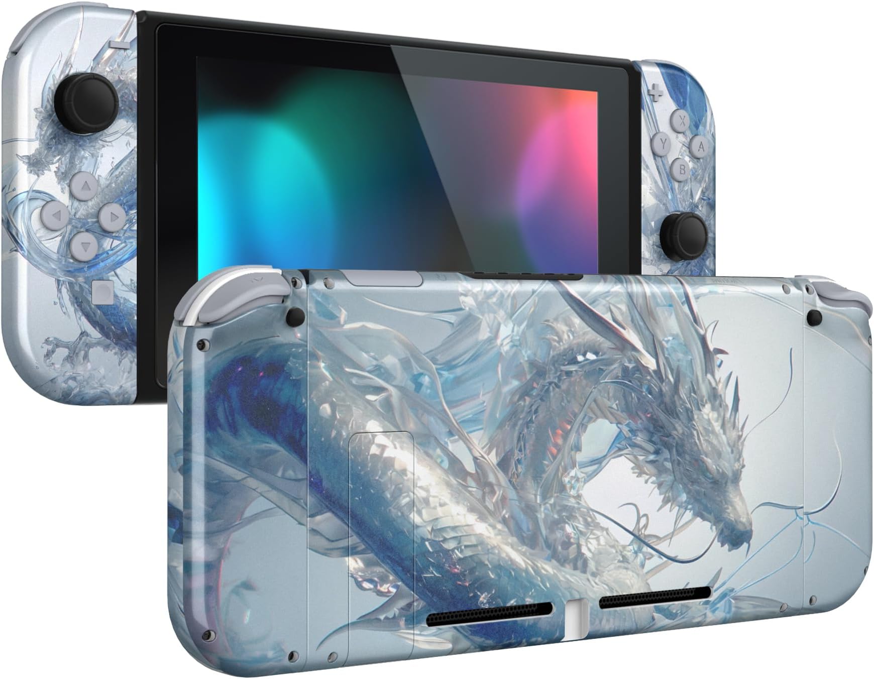 eXtremeRate DIY Replacement Shell Buttons for Nintendo Switch, Crystal Dragon Back Plate for Switch Console, Housing with Full Set Buttons for Joycon Handheld Controller - Console Shell NOT Included