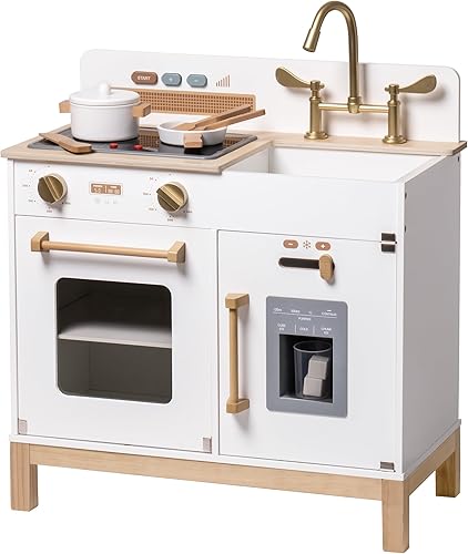 ROBOTIME Juego de cocina para niños pequeños, juego de cocina de madera para niños con luces reales y sonidosdispensador de cubitos de hielo, cocina