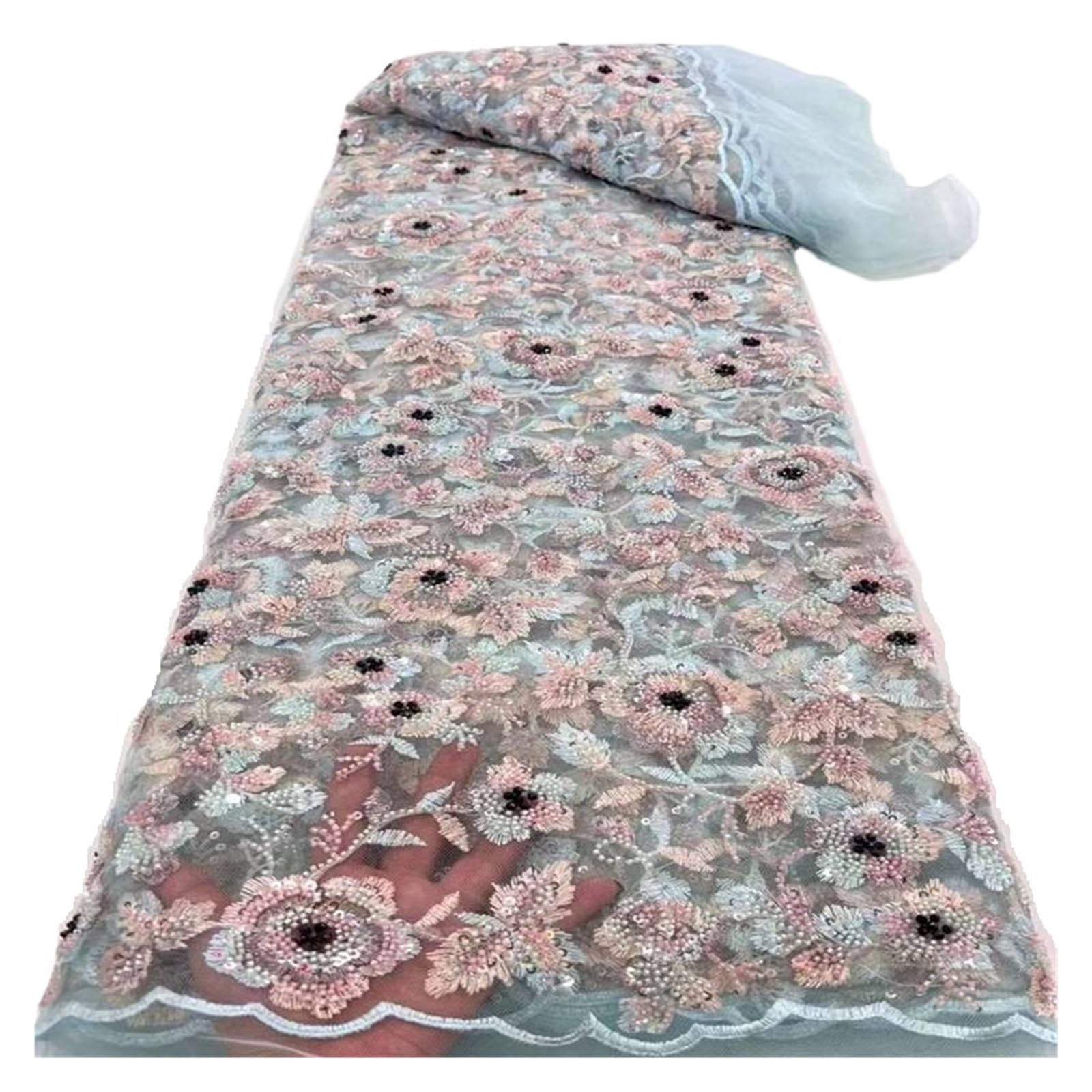 Tela De Vestido 5 Yardas Con Bordado Cuentas Y Encaje Multicolor(7)