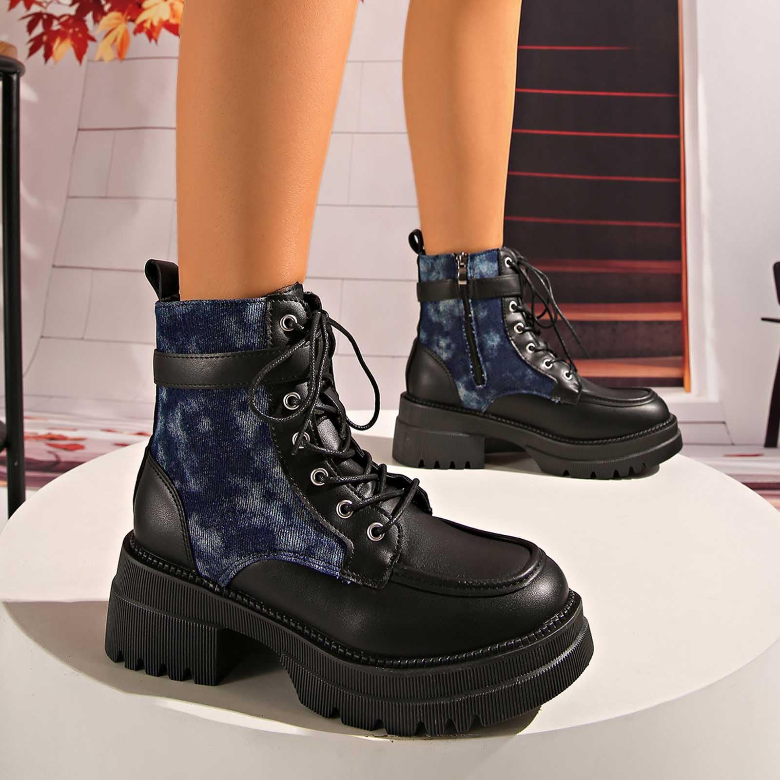 Generisch Botines con impresión artística de suela gruesa – Botines de tacón bajo con cordones ideales para excursiones informales y viajes de invierno