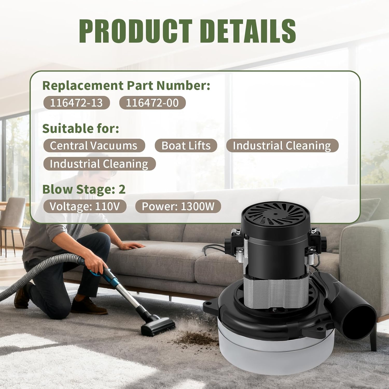 116472-13 116472-00 Vacuum Motor Replacement, 120V 2-Stage Electric Vacuums Pump Blower Motor Compatible with Ametek Lamb or Central Vacuums, Boat Lifts, Industrial Cleaning, Bathing Systems