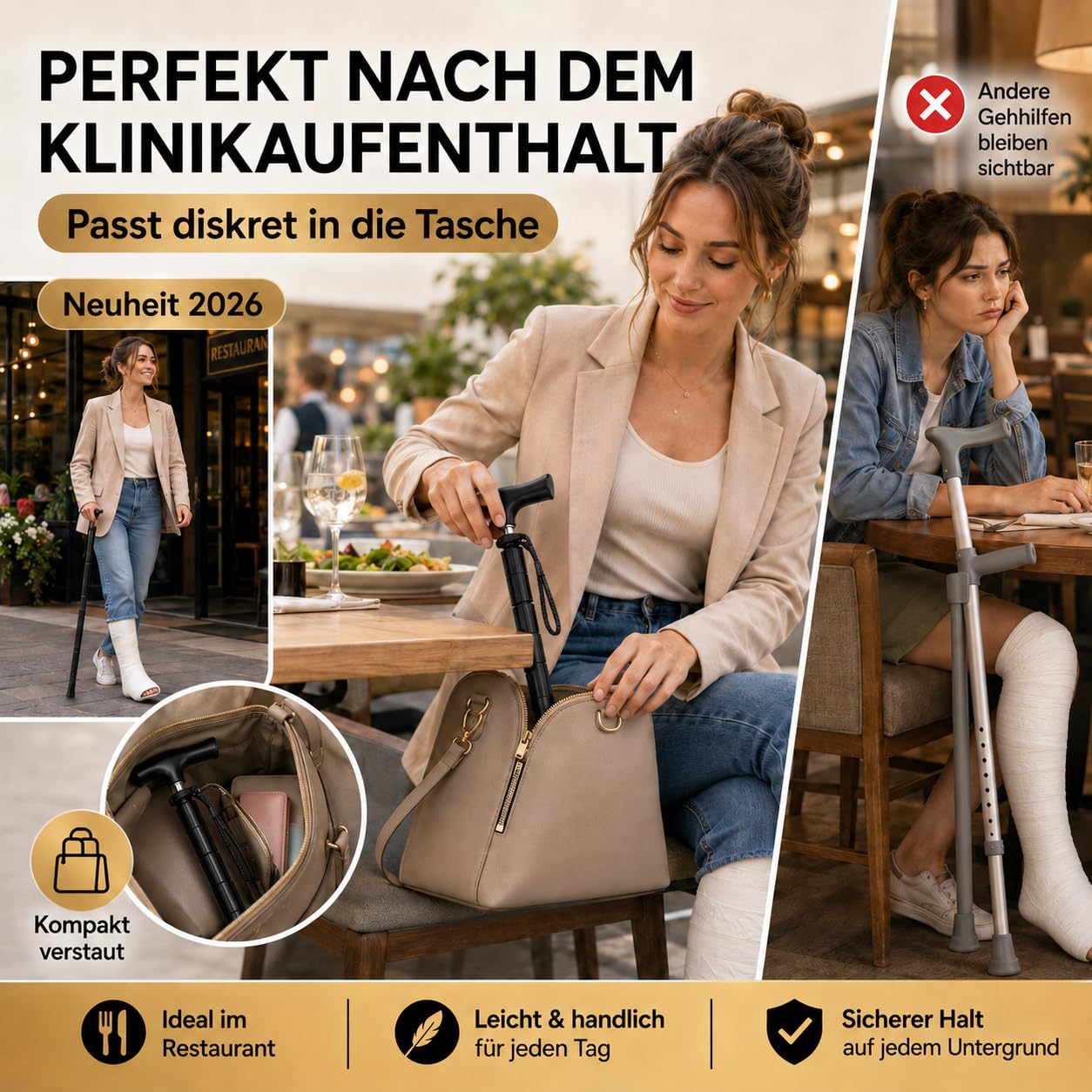 Bastón telescópico [41 – 86 cm] Premium para la bolsa, ultraligero 300 g, soporta hasta 150 kg, mango cómodo antideslizante, bastón estable de altura ajustable
