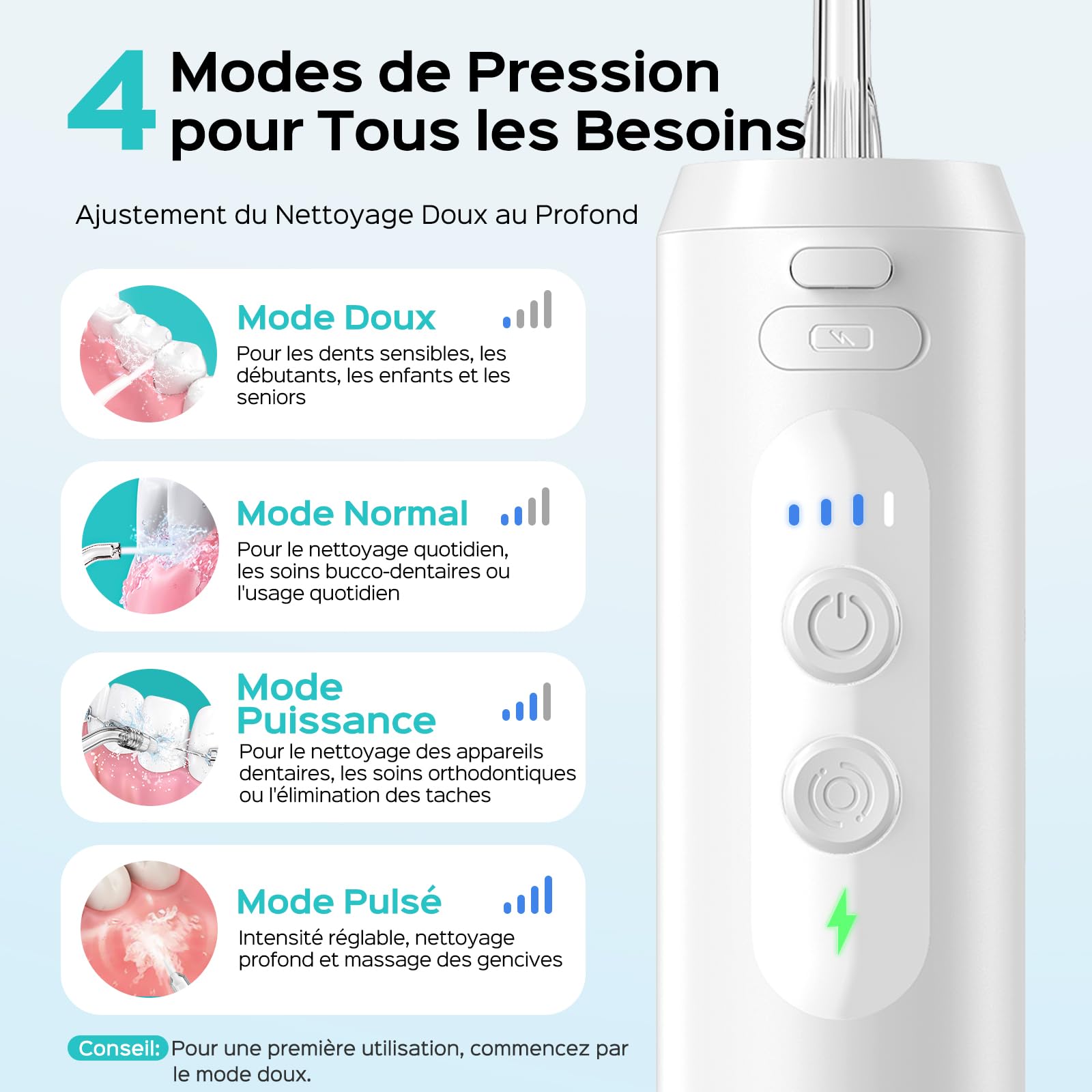 COSLUS Mini Jet Dentaire Hydropulseur Portable: Design Compact et Sans Fil, 4 Modes IPX7, Idéal pour Appareil Dentaire, Orthodontie et Dents Sensitives, Usage Nomade, Gris Blanc, T40