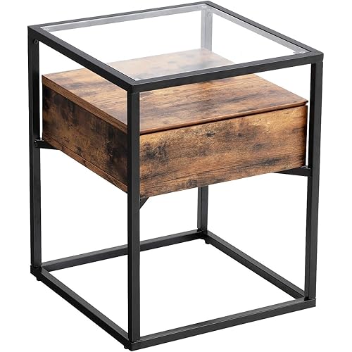 VASAGLE Tempered Glass Side Table, Nightstand, with Drawer and Shelf, Decoration in Living Room, Stable Steel Frame, Industrial, Rustic Brown