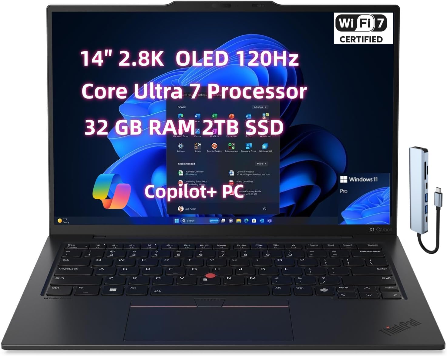 NewLenovo ThinkPad X1 Carbon Gen 13 Aura Edition Laptop, Core Ultra 7, 14" 2.8K (2880 x 1800) OLED 120Hz, 32GB DDR5, 2TB SSD Gen 5, 1080p IR Camera, Backlit KB WiFi 7, w/USB-C Hub, Win 11 Pro - Black