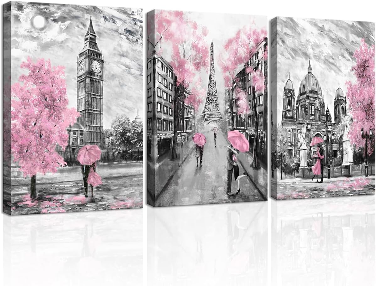 Black and White Canvas Wall Art for Living Room Bedroom Bathroom Girls Pink Paris Theme Room Decor Oil Painting Print London Big Ben Tower Eiffel Painting for Wall Decor Pink