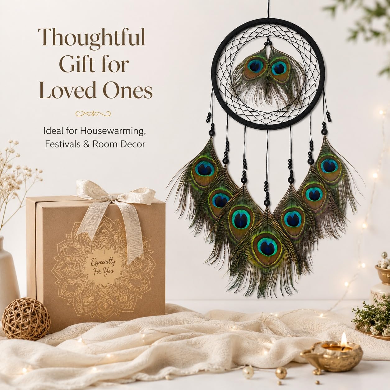Mehruna Dream Catchers Wall Hangings for Home Decor Bedroom Livingroom Balcony Handmade Dreamcatcher for Positivity Peacock Feathers Wall Decoration Items for Kids Room (22L x 45H cm, Pack of 2) 3
