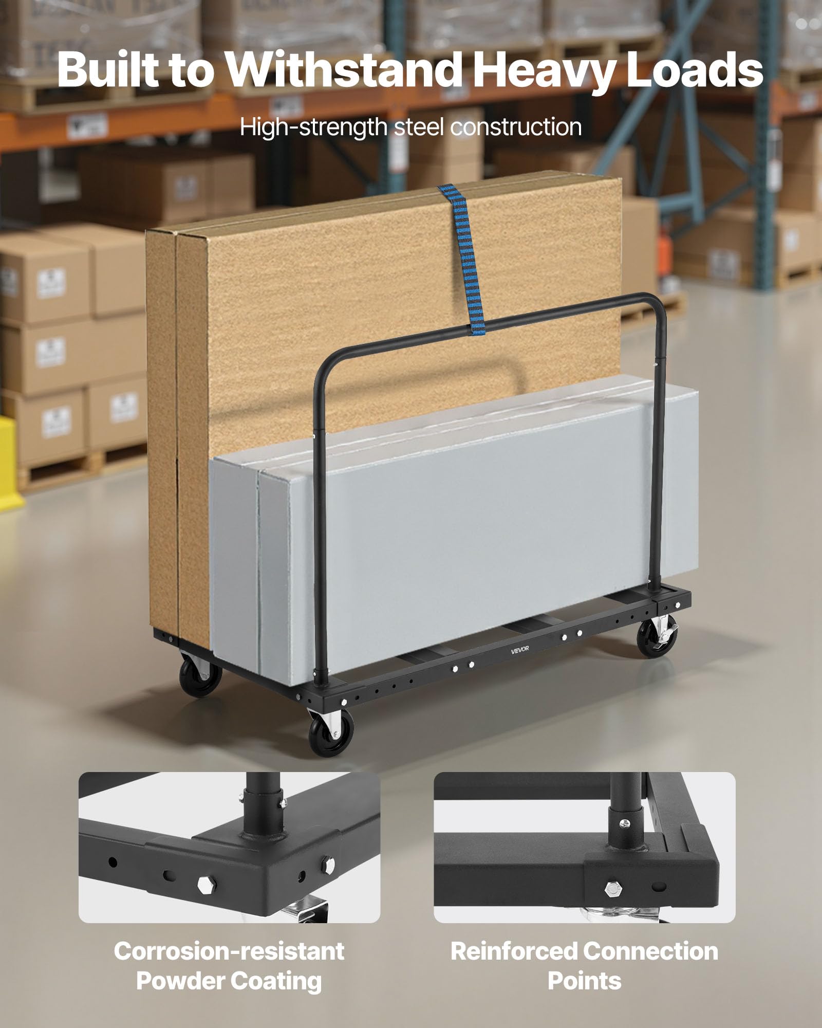 VEVOR Plattenwagen, 816 kg, Transportwagen mit 12,5 mm Lenkrollen, Plattenroller, Rohrbügelwagen mit Zurrgurt & 2 seitlichen Handläufen, Transporthilfe für Fabrik, Lager, Garage, Schwarz