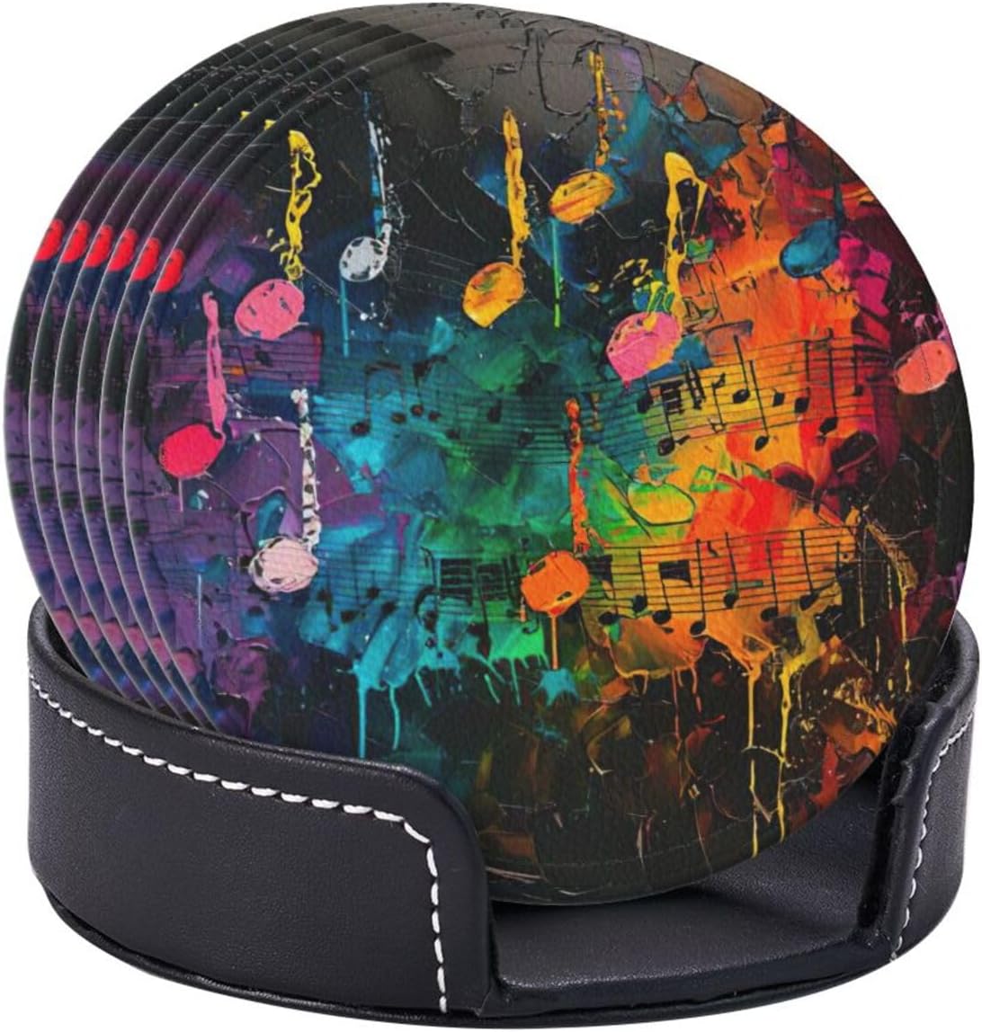 Colorful Music Notes Print Leather Coasters,Personalized Coasters with Storage Box for Home,Kitchen,and Office image 5