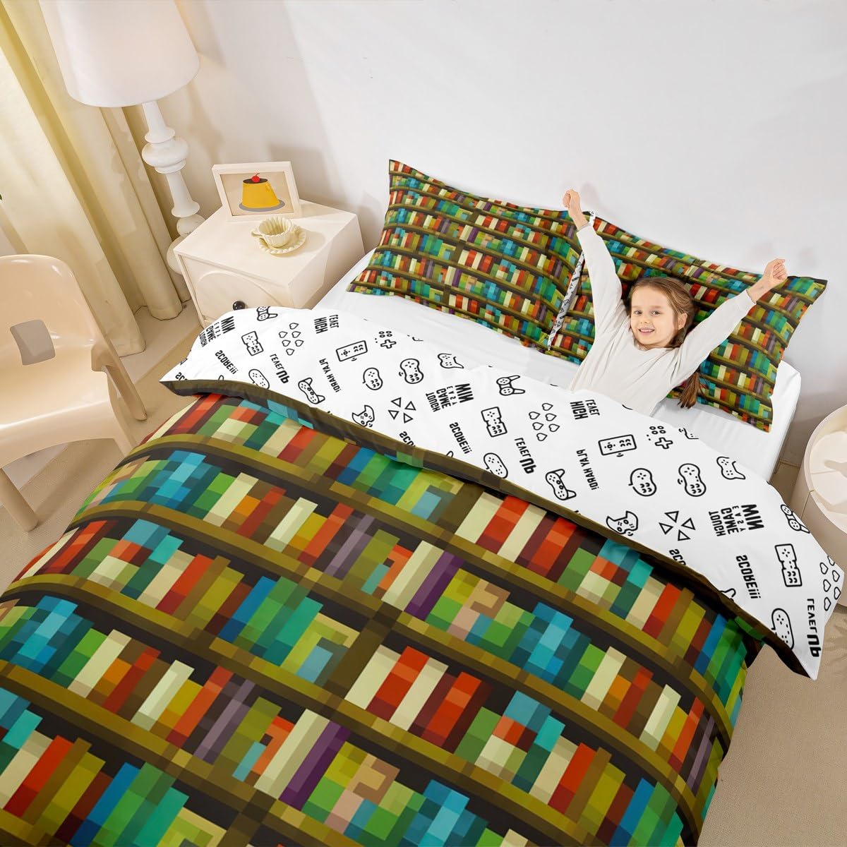 Manfei Pixel Video Game Kids Duvet Cover Set Full Size,Bookshelf Pixelated Bookcase Girls Boys Bedding Set,Gaming Geometric Grid Room Decor,Colorful Quilt Cover,2 Pillowcases(No Comforter)