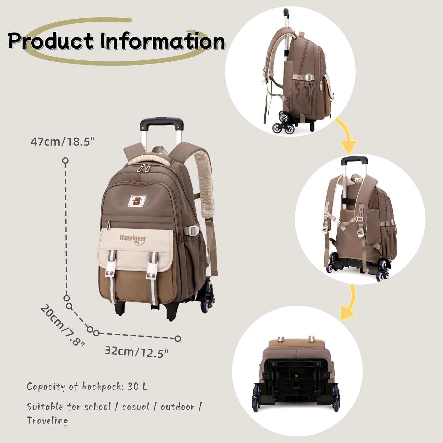 Purple Rolling Backpack for Girls Elementary Middle School Bags, Girls Backpack for Kids with 6 Wheels, Purple - Image 3