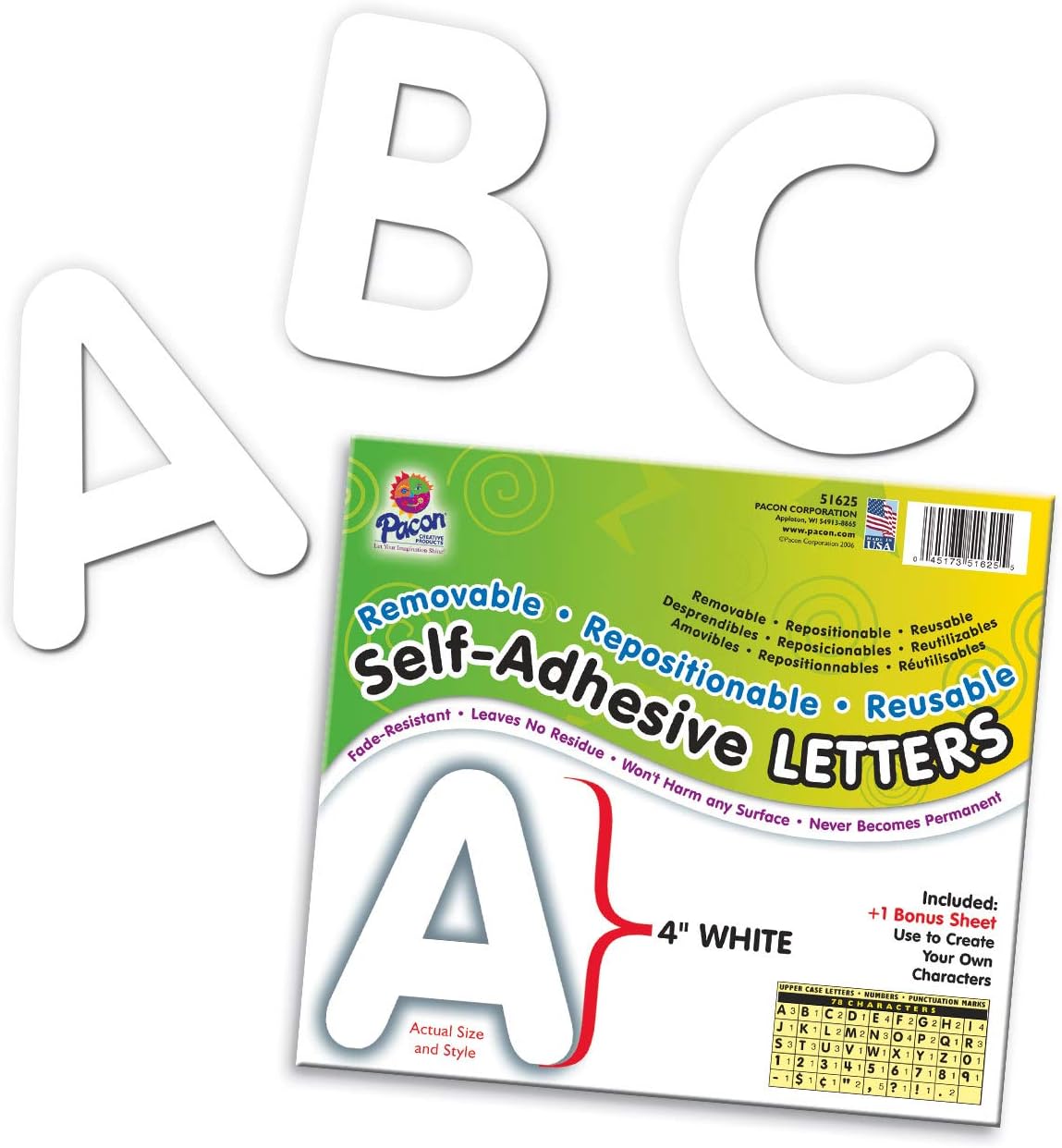 Pacon Self-Adhesive Letters, White, Puffy Font, 4", 78 Characters