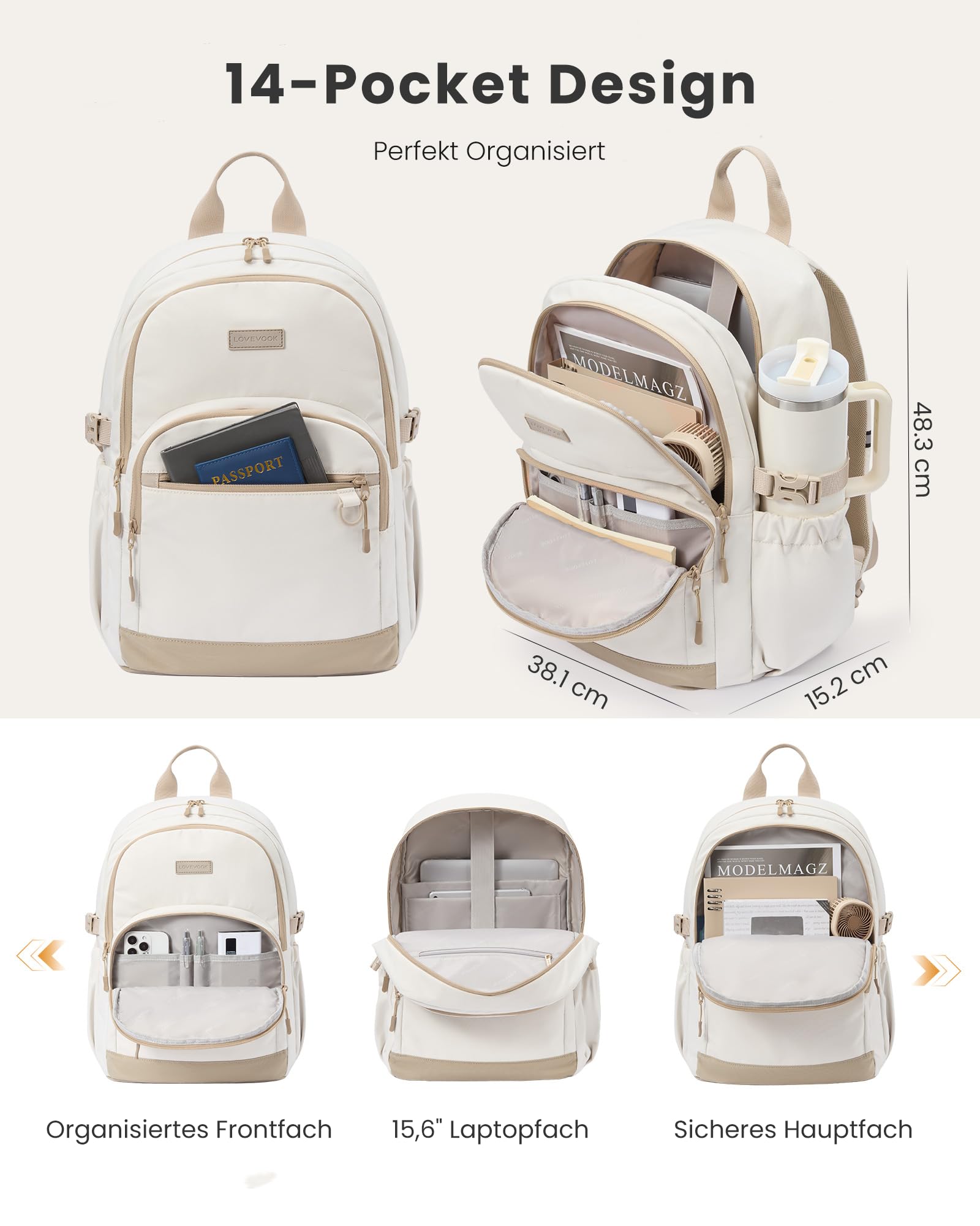 LOVEVOOK Laptop Rucksack Damen Herren 17,3 Zoll, Leichter Schulrucksack Teenager mit großem 1.2L Trinkflaschenhalter, Wasserabweisend Daypack mit Vielen Fächern und Taschen für Uni Schule Arbeit Reise