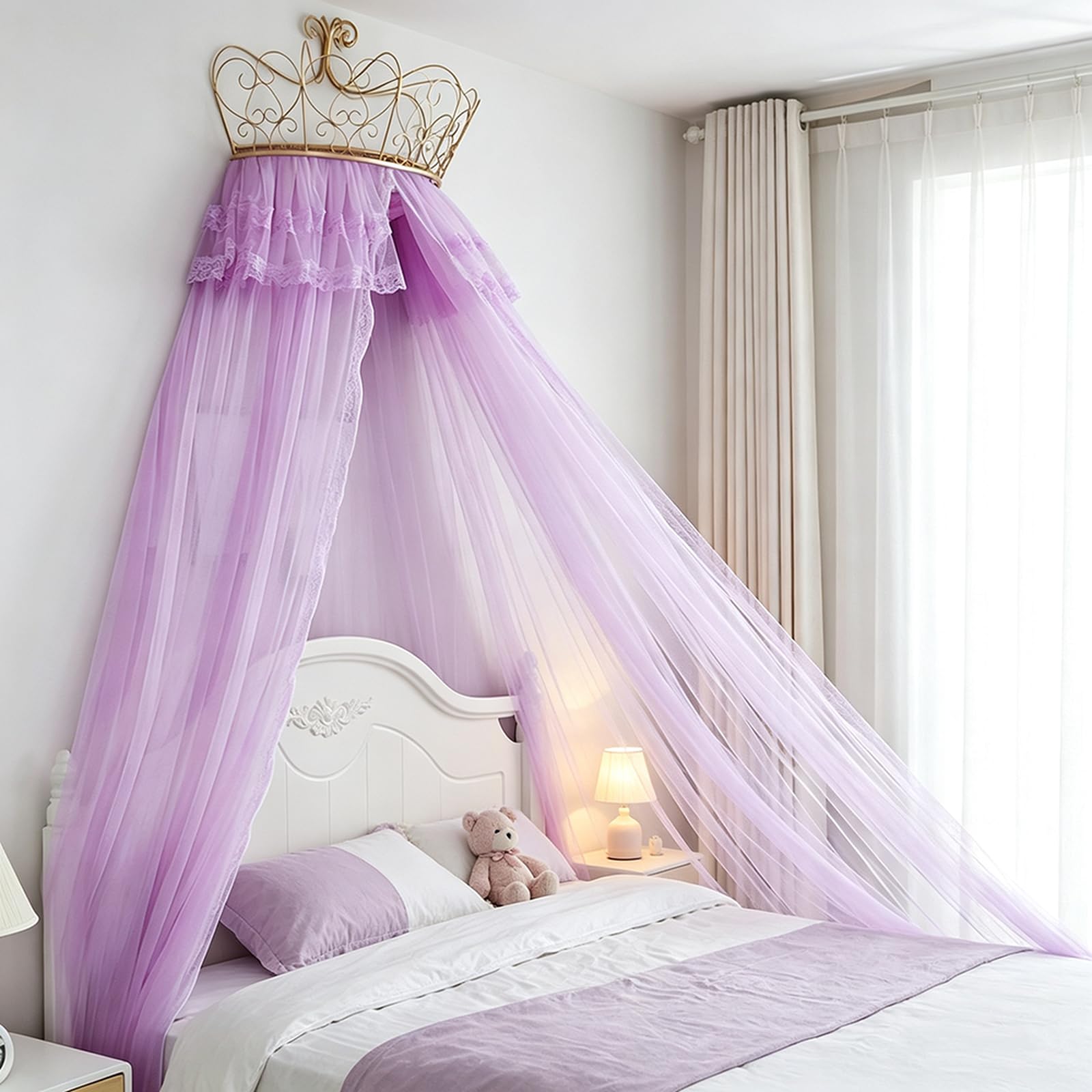 SDCGB Bed Canopy for Girls Room, Premium Bed Canopy Curtains with Metal Crown, Princess Tents Bed Canopy Valance, Purple