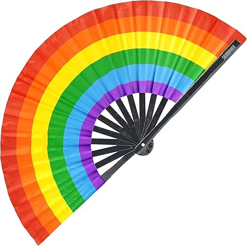 Miniatura 25 de SoJourner Bags Rave Fan – Abanico plegable grande – Abanico de mano Clack para raves, Halloween, Burlesque, atuendos arcoíris para mujeres y