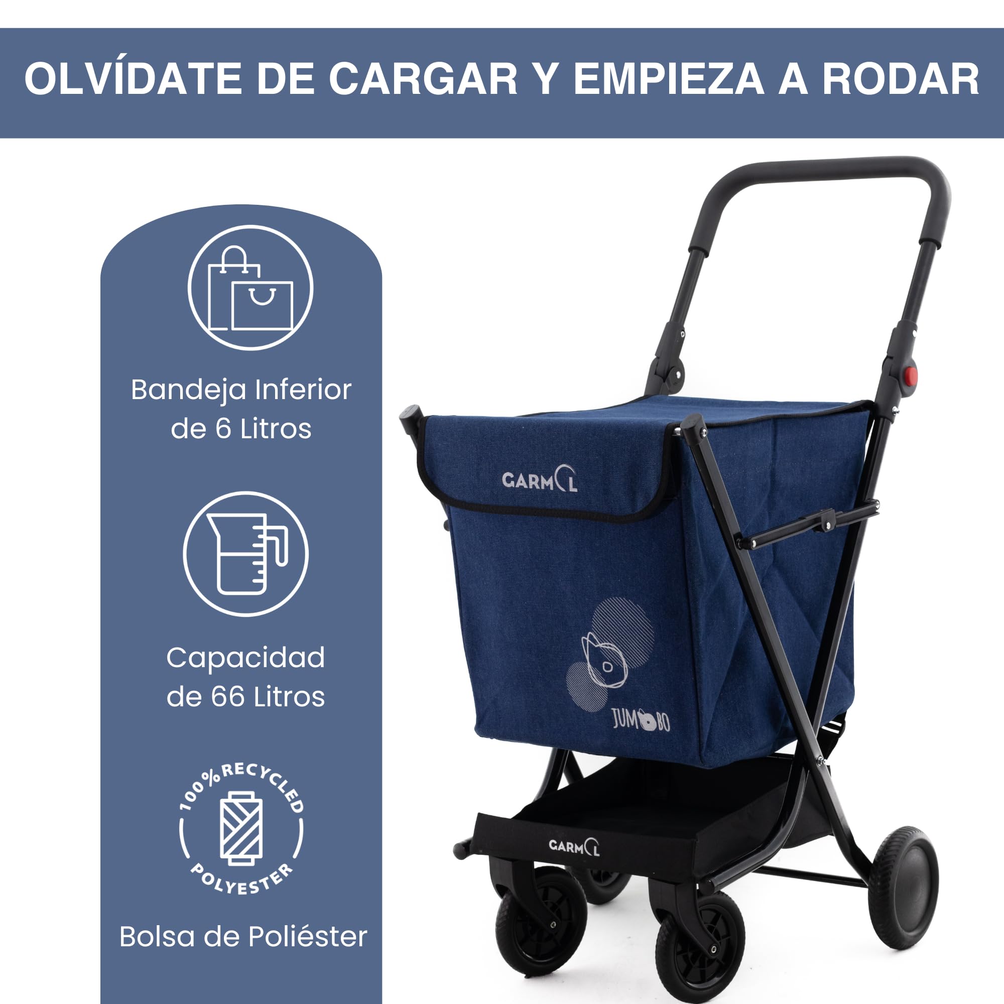 GARMOL Carro de la Compra Plegable 66 litros | Carro de la Compra 4 Ruedas Gran Capacidad | Carrito Compra 4 Ruedas Plegable Color Azul Marino