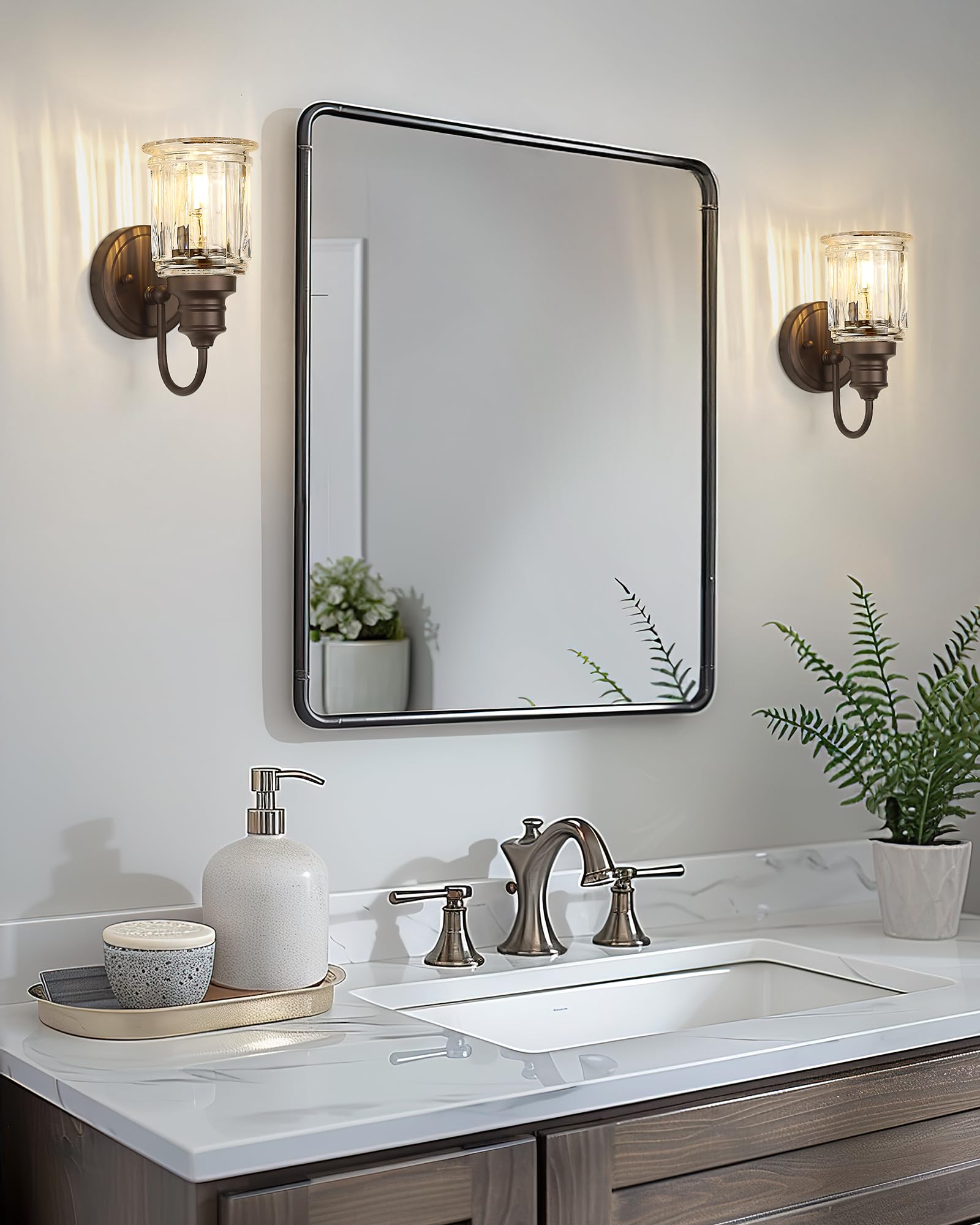 SADALAK Wall Sconces Set Of 2 – Modern Vanity Light With Clear Glass Shades, Matte Black Finish, E26 Base For Bathroom, Farmhouse, Hallway, Bedroom – Up/Down Mountable