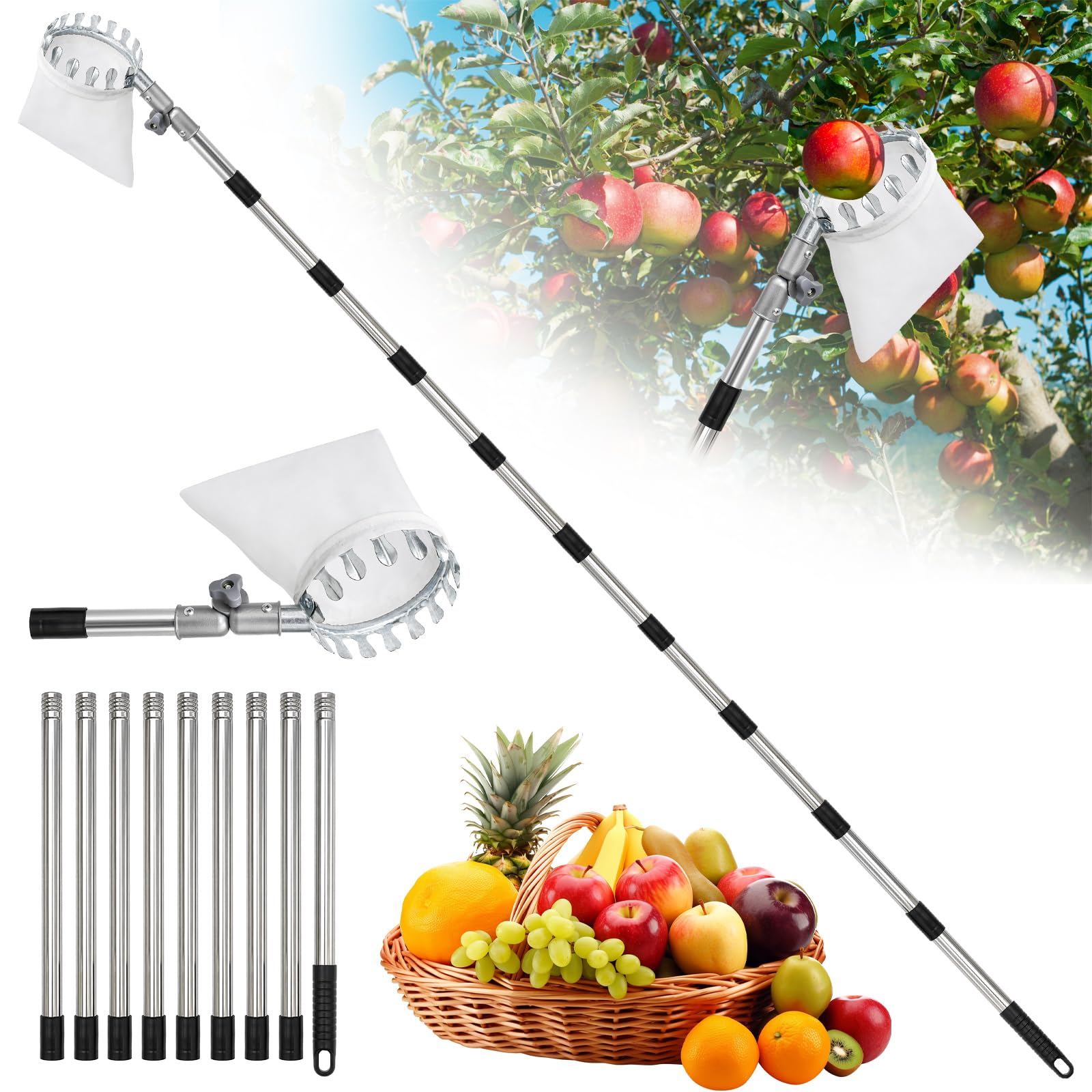 Raccogli frutta con asta di prolunga in acciaio inox, lunghezza regolabile fino a 3,8 m, diametro 16 cm, per prugne e ciliegie