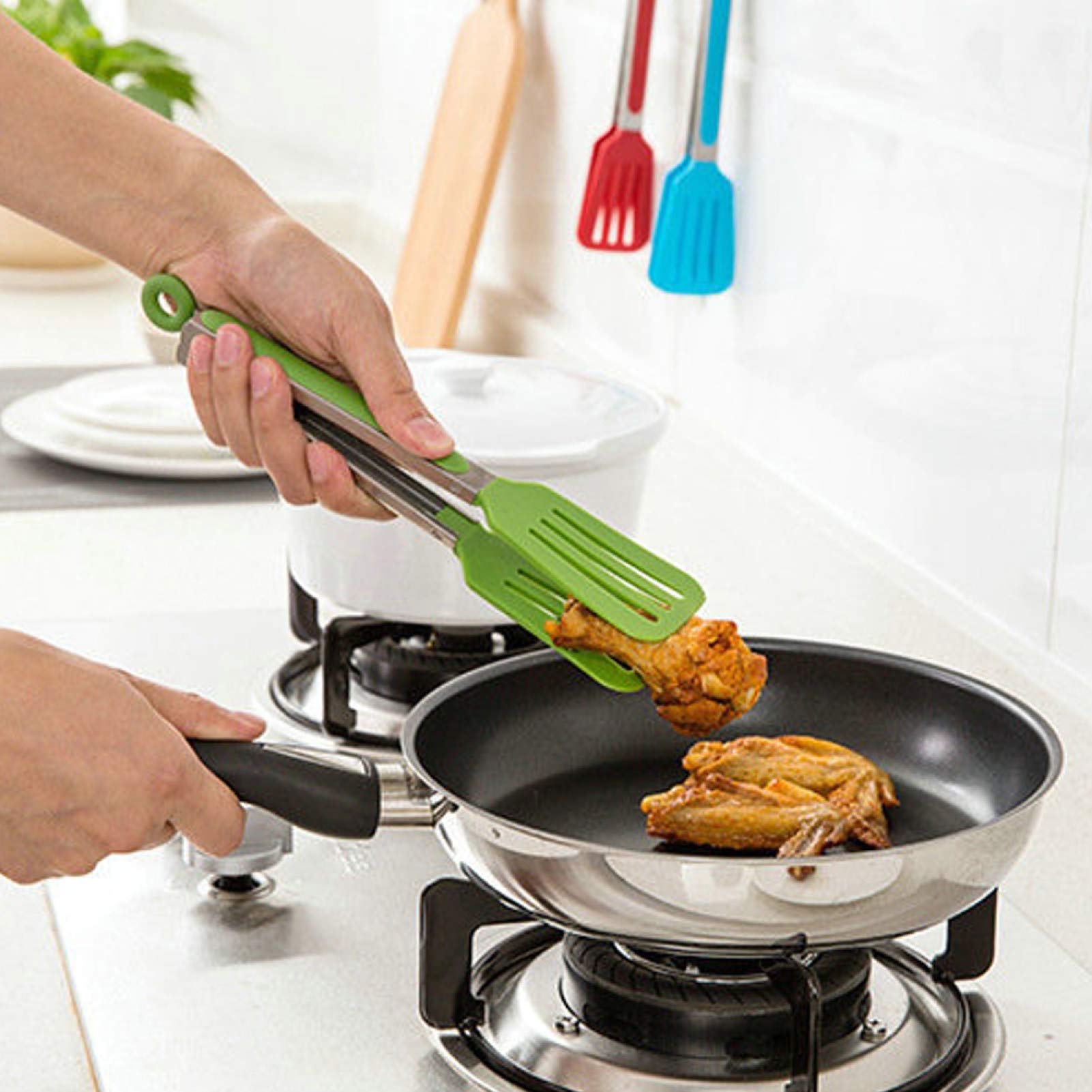 Pinza da Cucina, Pinza in Acciaio Inossidabile con Testa in Silicone, Pinza per Insalata di Pasta e Bistecca Barbecue da 9 12 Pollici per Cucinare Alla Griglia(12 pollici rosso