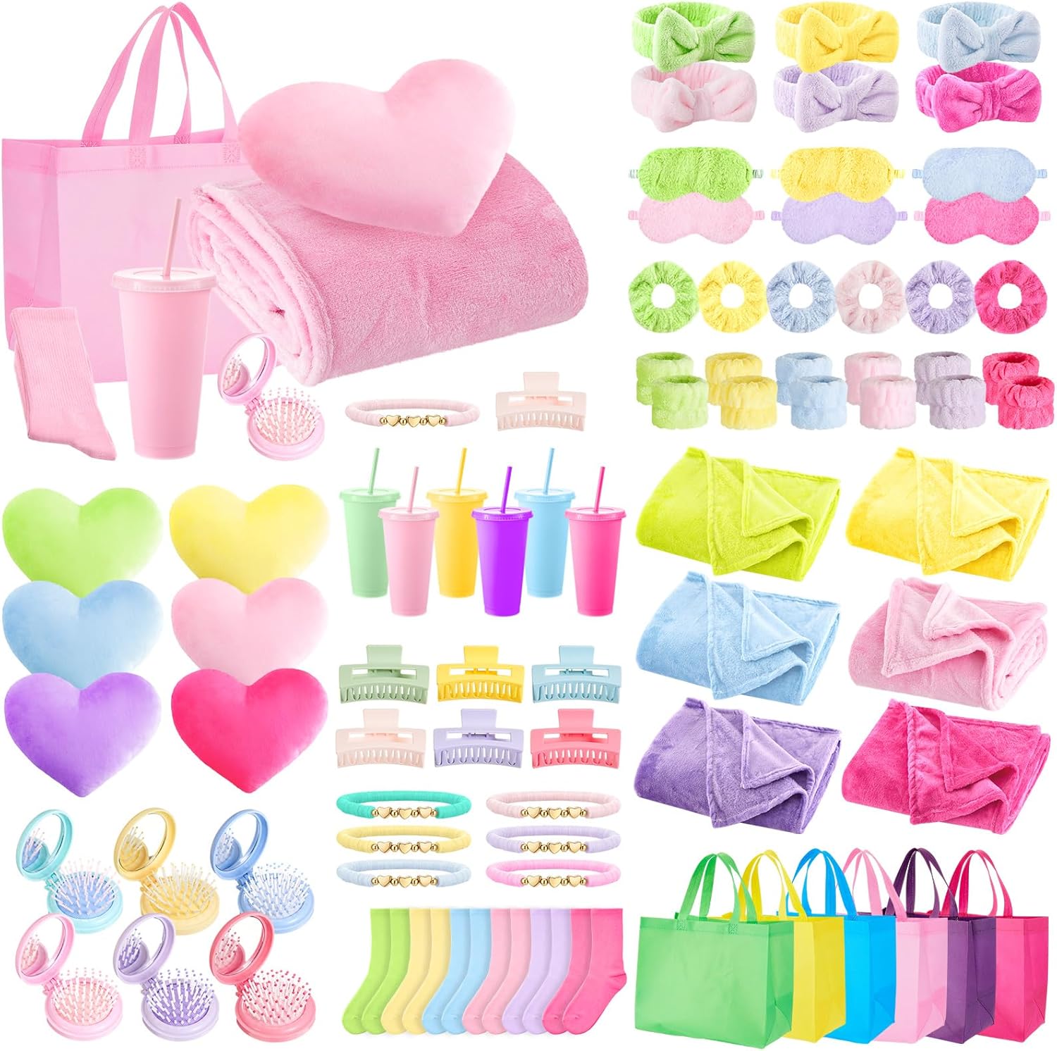 72 Pcs Sleepover Party Supplies Galentines Spa Birthday Slumber Party Favor, Colorful Blanket Pillow Headband Scrunchies Eye Mask Wristband Tote Bag Straw Cup Socks Hair Claw Clip Mirror Comb Bracelet