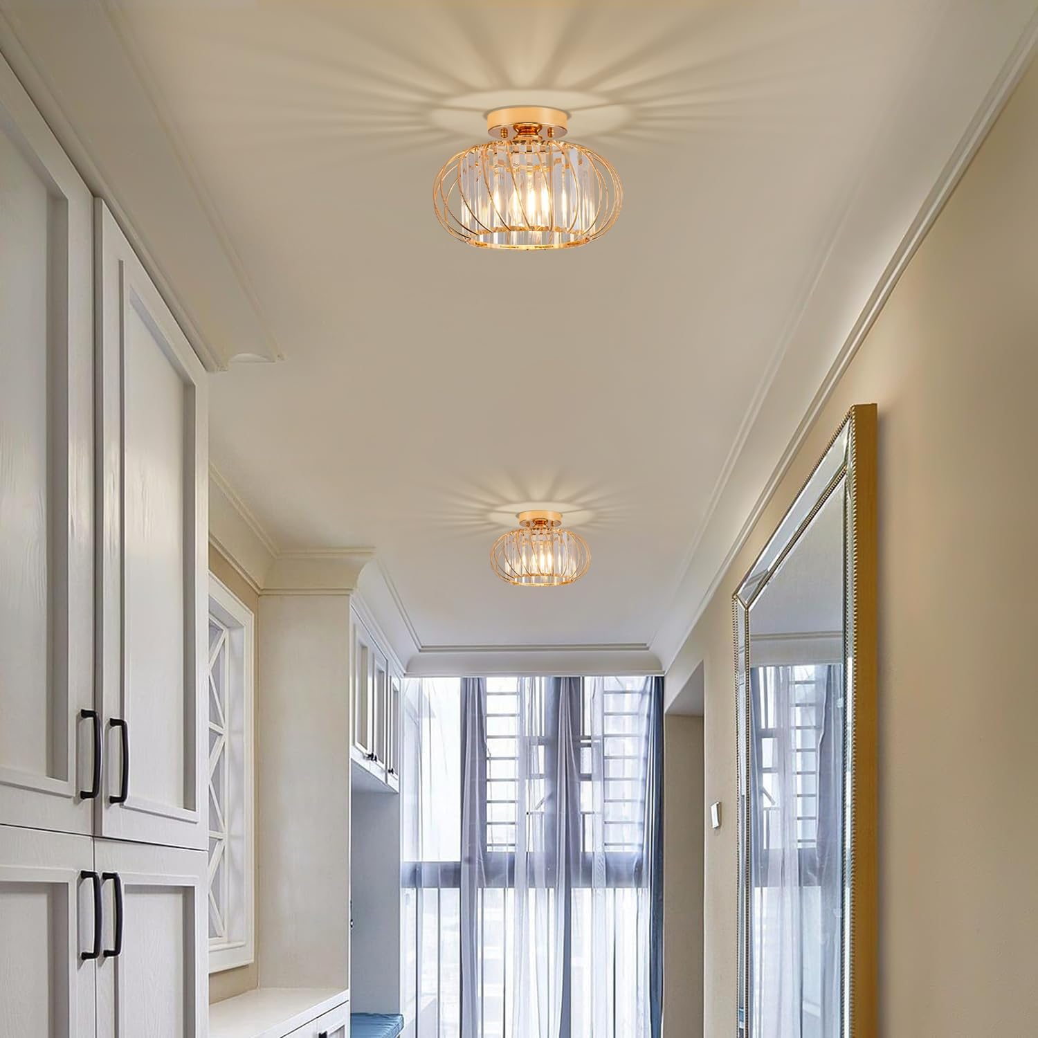 Semi Flush Mount Crystal Ceiling Light, 11 Inch Metal Cage Hallway Ceiling Lamps, Farmhouse Ceiling Light Fixture, Industrial Crystal Chandelier for Corridor Bathroom Kitchen (E26, Gold)