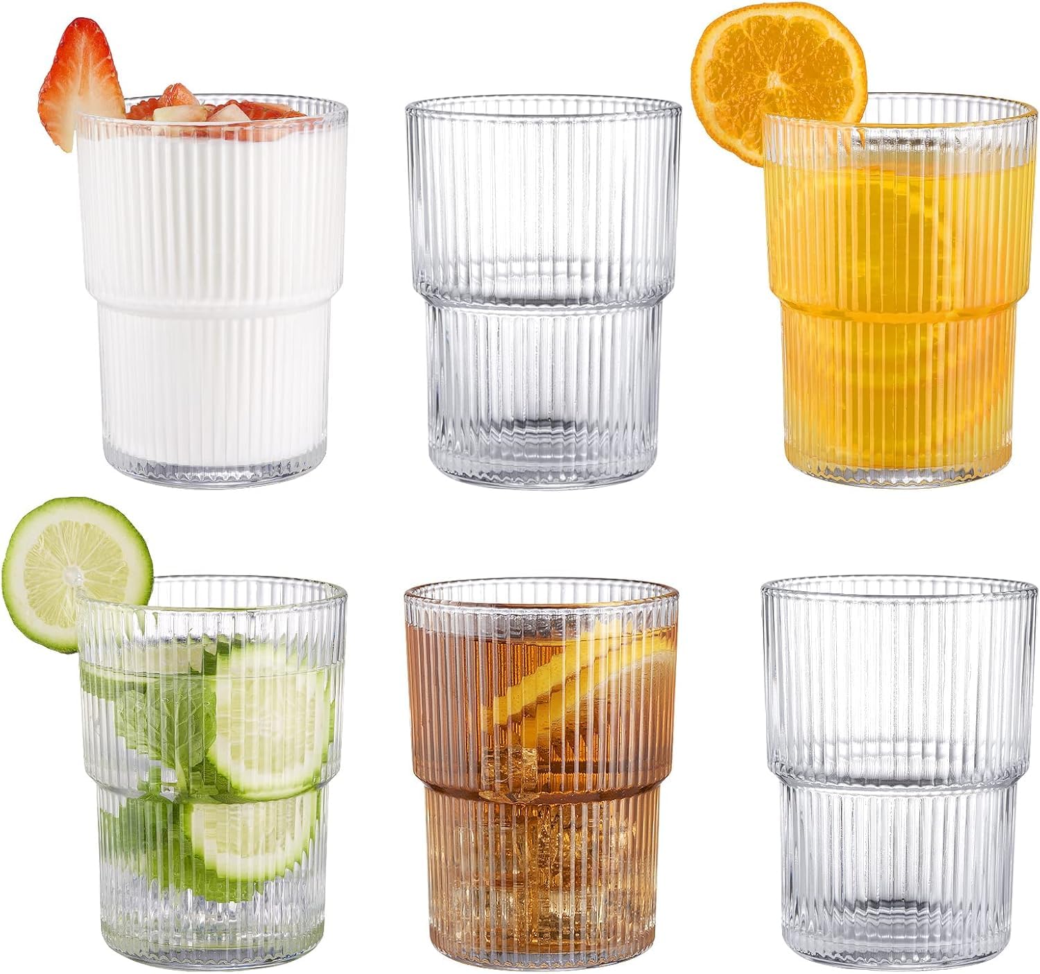 Vintage Ribbed Glassware Set of 6-15 oz Ripple Drinking Glasses for Water Iced Coffee Cocktails and More -