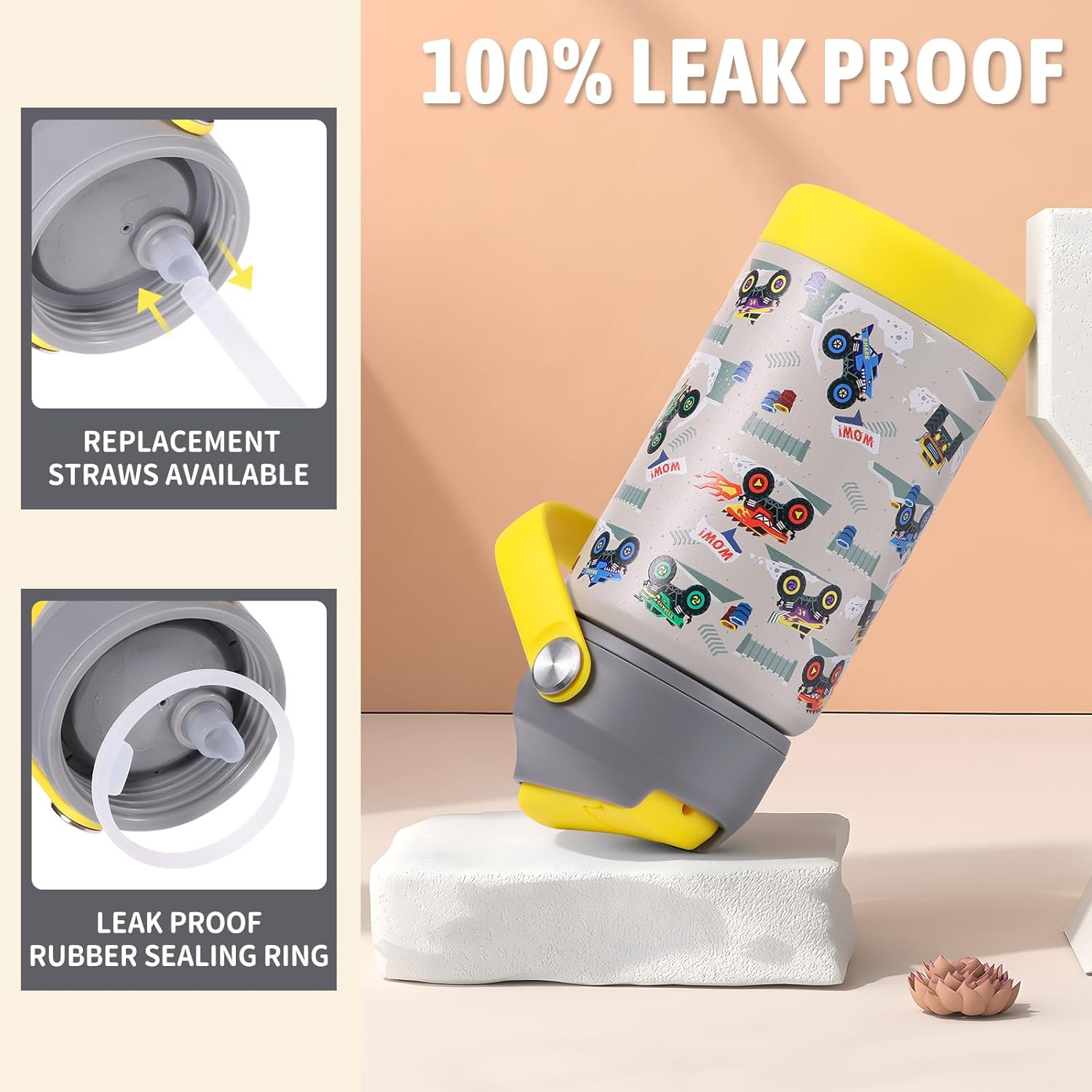 rockpapa 14 oz Kids Insulated Water Bottle,Stainless Steel Toddler Cups with Straws, BPA Free, Leak-Proof, Kids Water Bottle for School Boys& Girls (Grey Trucks) - Image 4