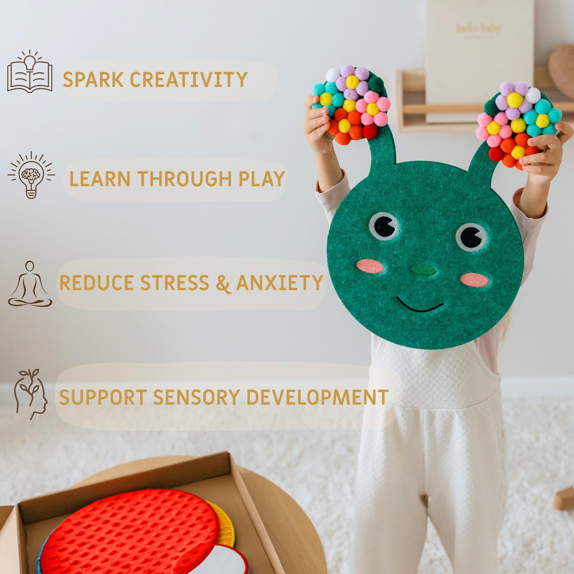Panel de pared sensorial para niños a partir de 3 años, tablero de textura táctil de oruga para habilidades motoras finas y esquinas tranquilas, juguete sensorial de pared sin pantalla para