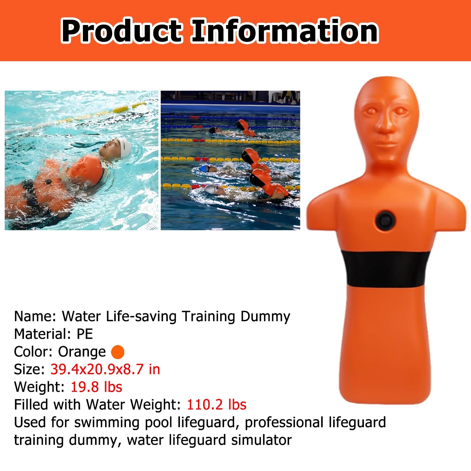 MZZKFC Realistic PE Water Rescue Training Dummy, 3.3ft Fire Training Drill Dummy for Kid Adult, Drowning Prevention Teaching Tools with 3 Inlet & Outlet Holes Orange Yellow(Orange,Set of 2)