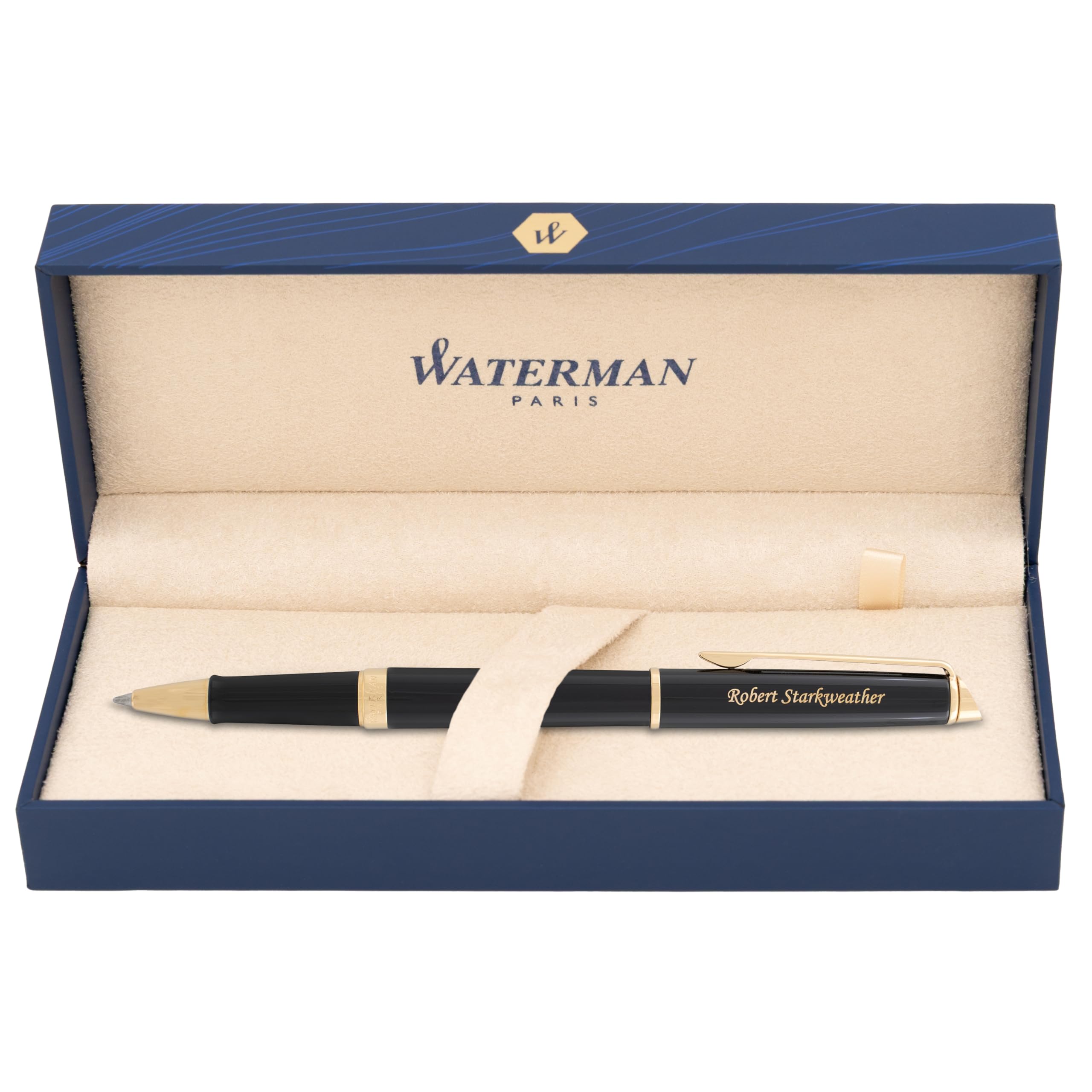 Dayspring Pens Personalized Waterman Pen | Engraved Waterman Hemisphere Black with Gold Trim Rollerball Gift Pen - Custom Engraved Personalized Gift