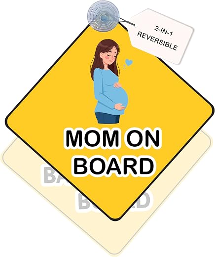 DecalHub 2-in-1 Reversible Baby on Board & Mom on Board Car Hanging Sign | Pregnant Women and Kids Safety Sign Rear Windsh...