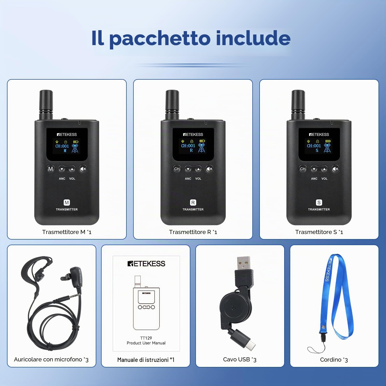 Retekess TT129 Sistema di Guida Turistica Wireless con 3 Trasmettitori, Sistema di Cuffie Audio per Guida Turistica, Full Duplex, 100 M, 20 ore di Standby, Funzionamento One-Touch, per Formazione